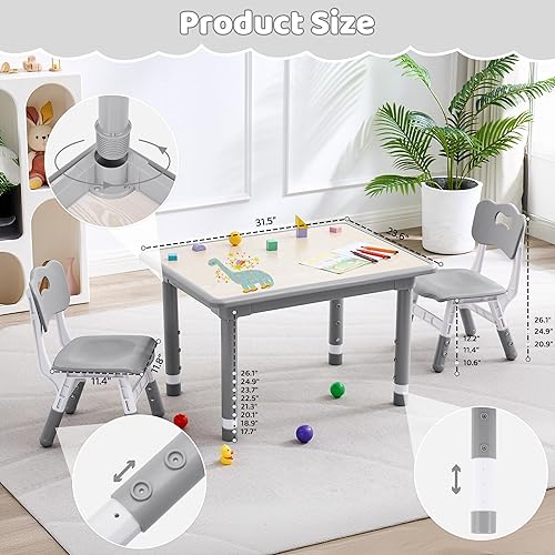 Miniatura 8 de Juego de mesa y 2 sillas para niños, altura ajustable (17.7-26.1 pulgadas), mesa y silla para niños pequeños, mesa multiactividad con escritorio de