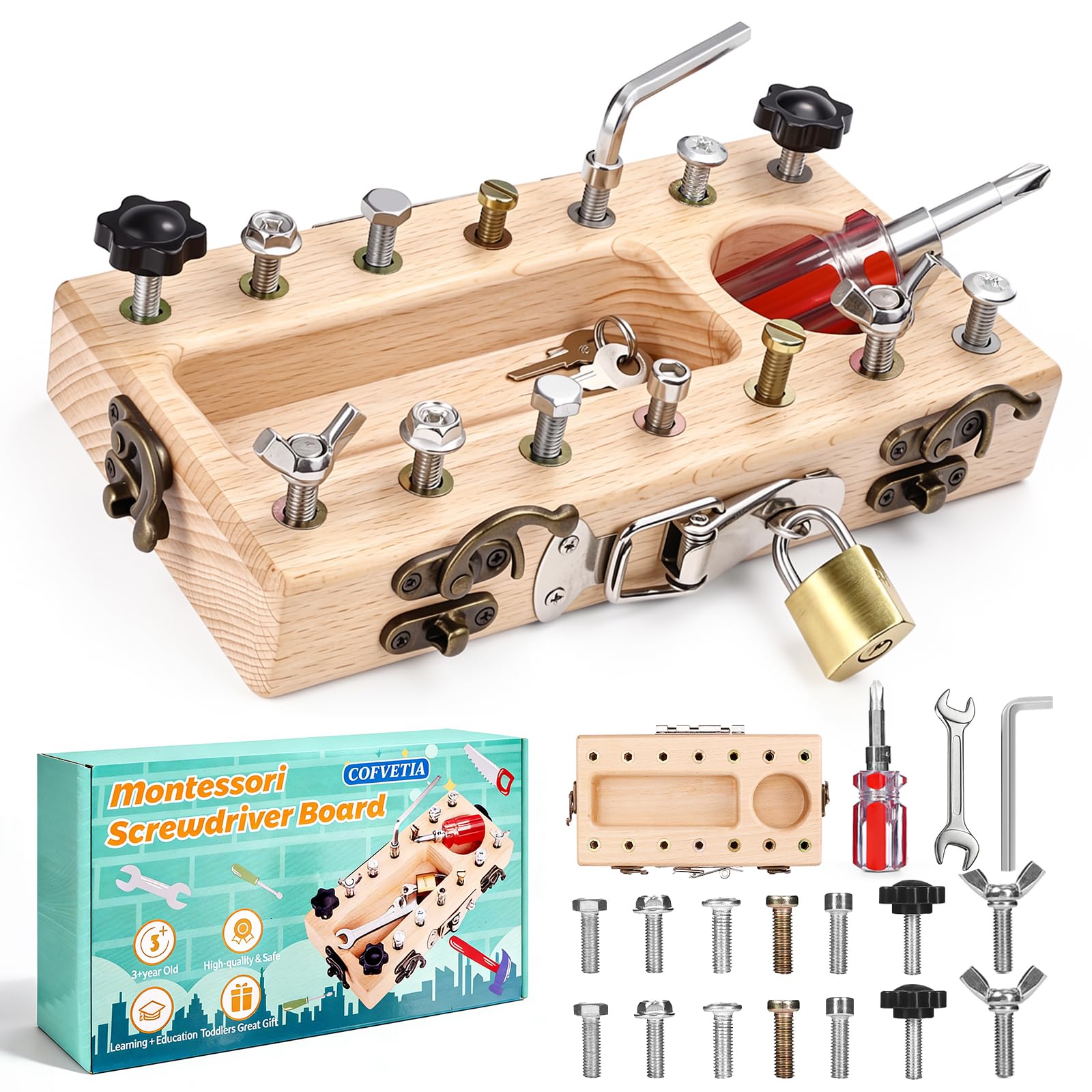 Montessori Spielzeug ab 3 4 5 Jahre, Holzspielzeug Schraubendreher Busy Board Kinder Spielzeug mit Zubehör, Motorikspielzeug Kinderspielzeug Geschenke für Jungen und Mädchen