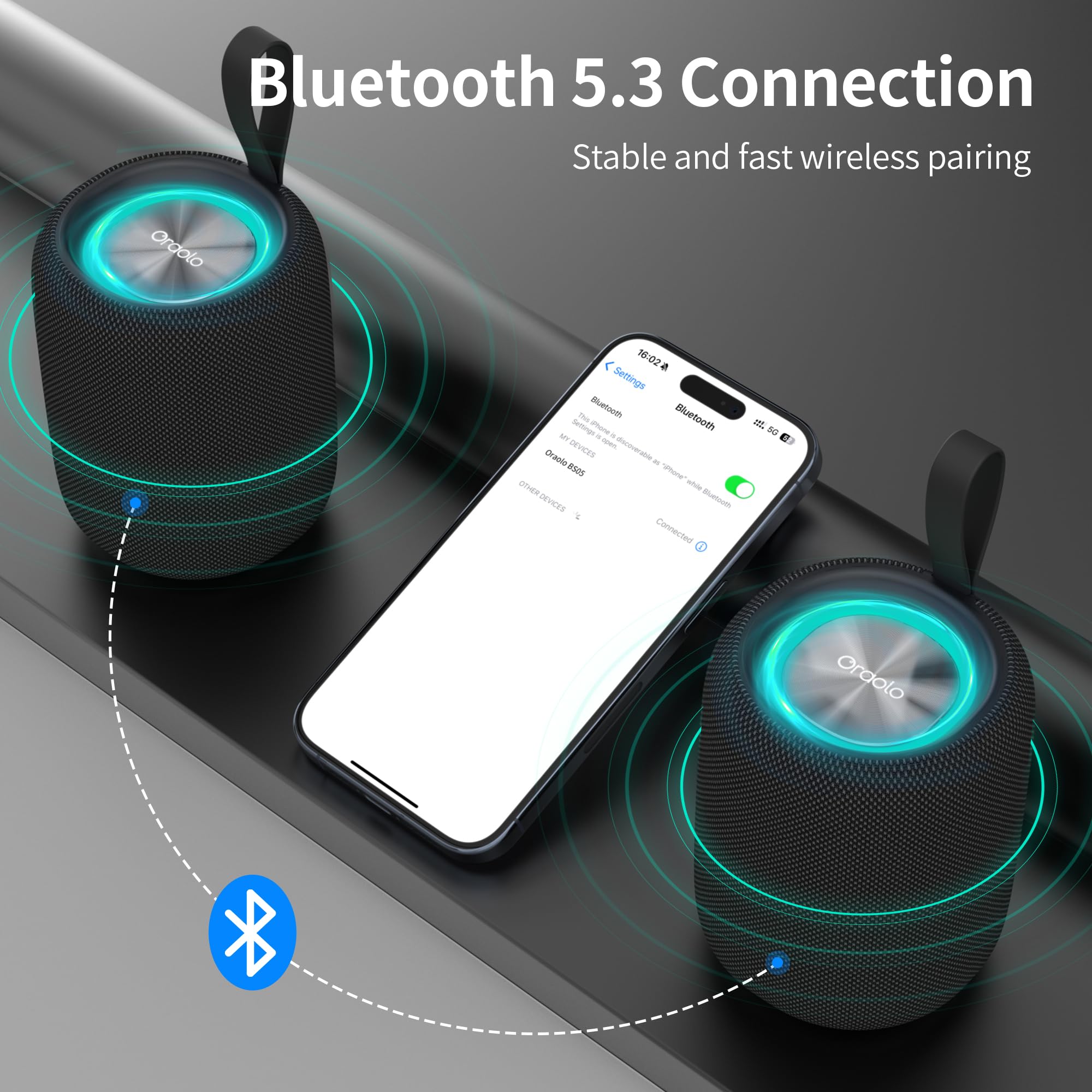 Oraolo Bluetooth Speaker,Portable Bluetooth Speaker with Immersive Sound, Dynamic LED Lights, Bluetooth 5.4, IPX6 Waterproof, 8H Playtime, TWS Pairing for Speakers for Outdoor Camping Home(Black) — view 5