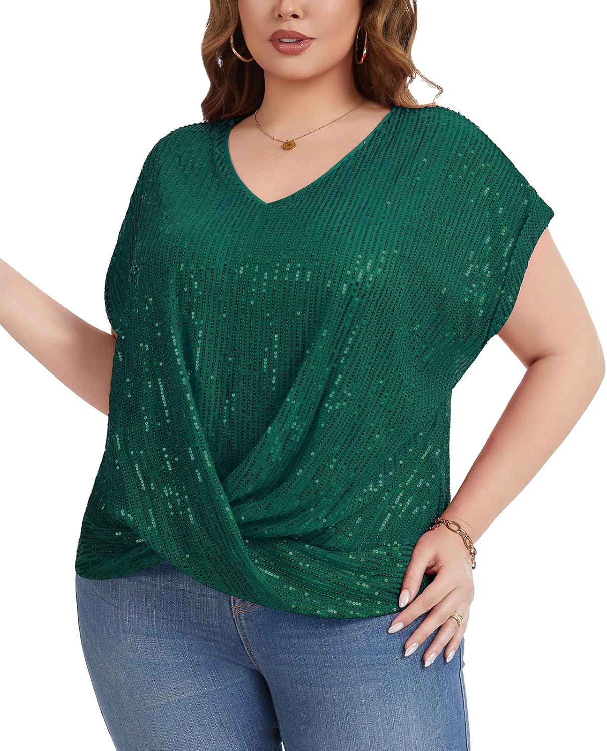 Women's Plus Size Sequin Top Short Batwing Sleeve V Neck Shirts Elegant Dressy Blouses Fully Lined Tunic Tops