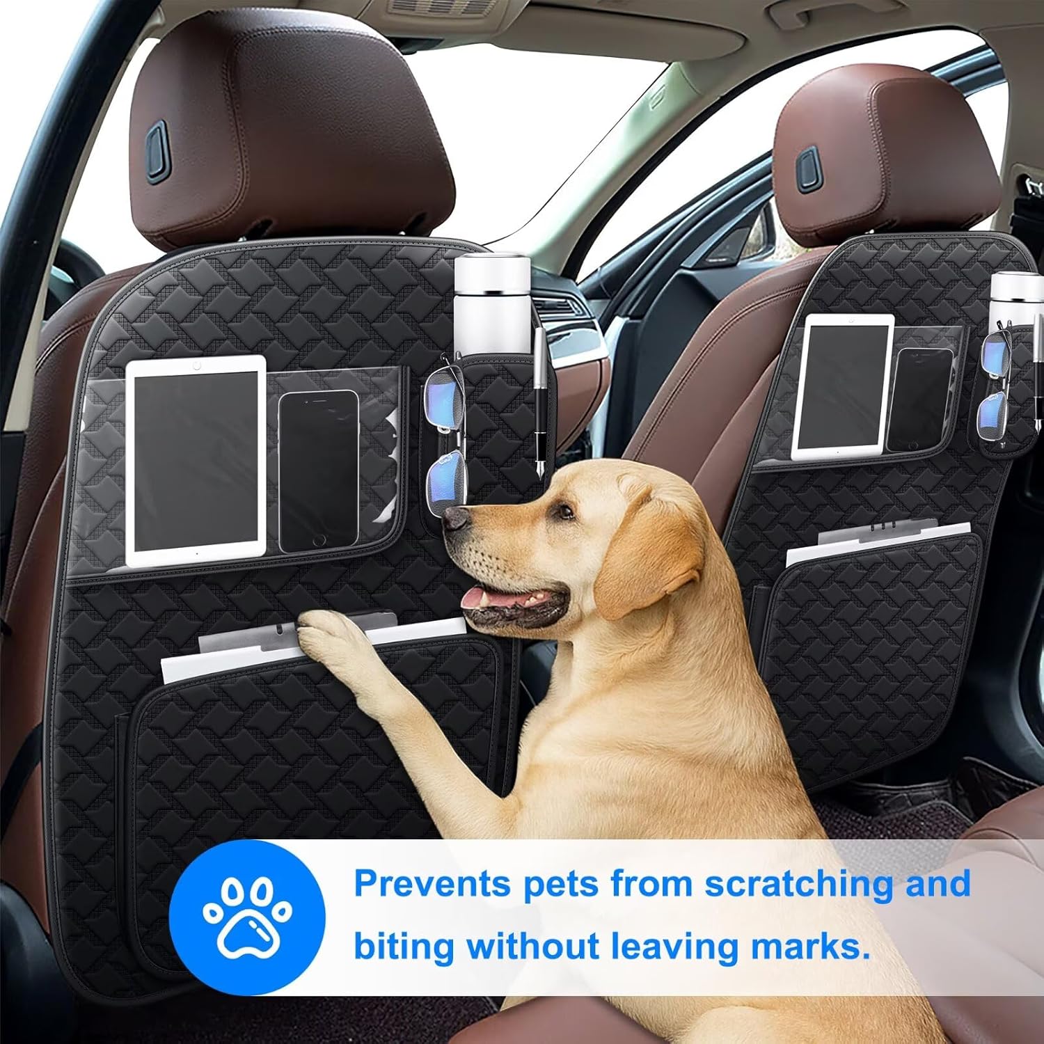 Back Seat Protector 2 Pack Fit For Honda CR-V Car Kick Mats with Touch Screen Tablet Holder Storage Organizer Waterproof Dirt Proof Faux Leather Auto Accessories for Kids (1 Pair Black)