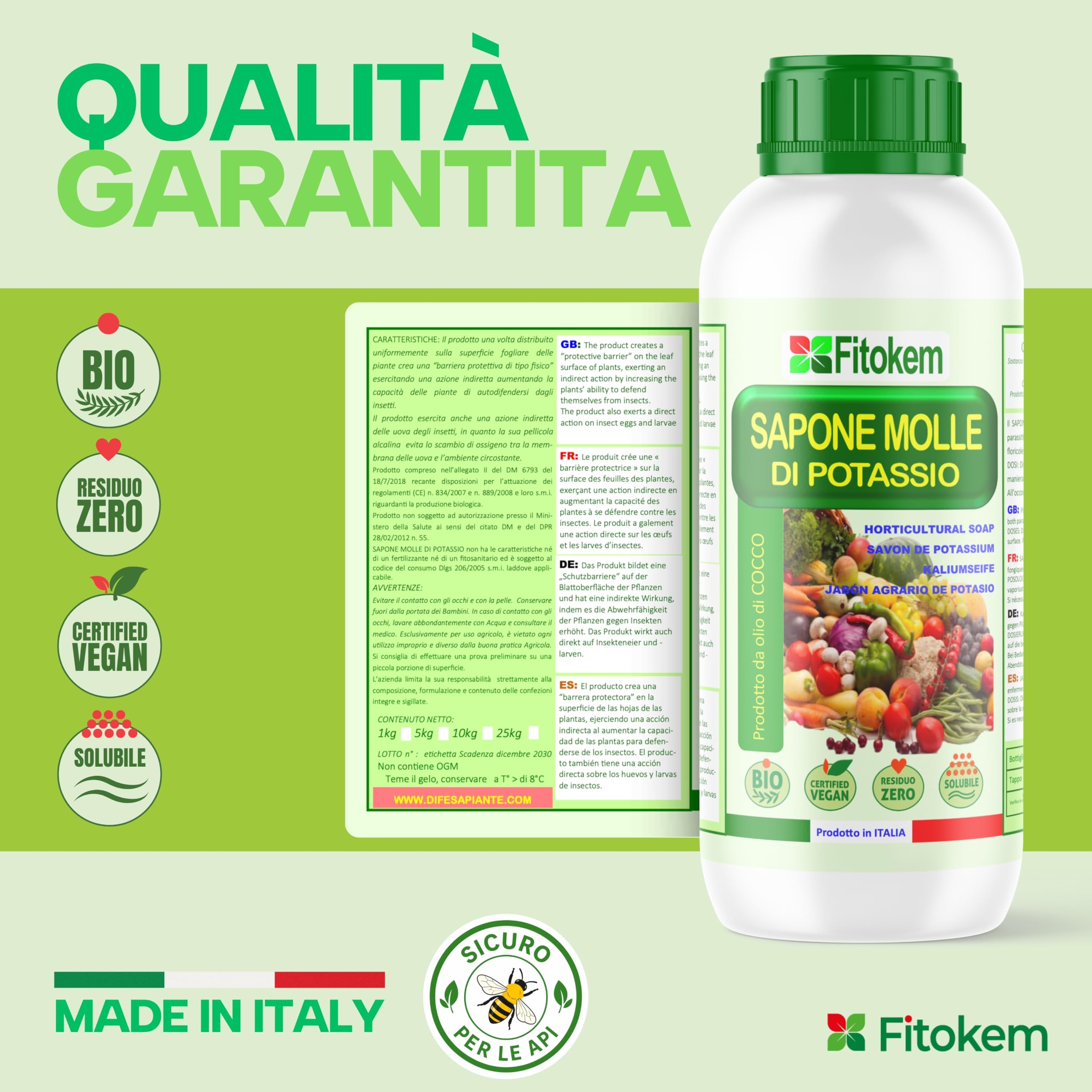 Fitokem Sapone Molle di Potassio 1lt e Olio di Neem 1lt Kit Protezione Piante Corroborante Naturale per Orto e Giardino contro Afidi e Cocciniglia Residuo Zero Made in Italy