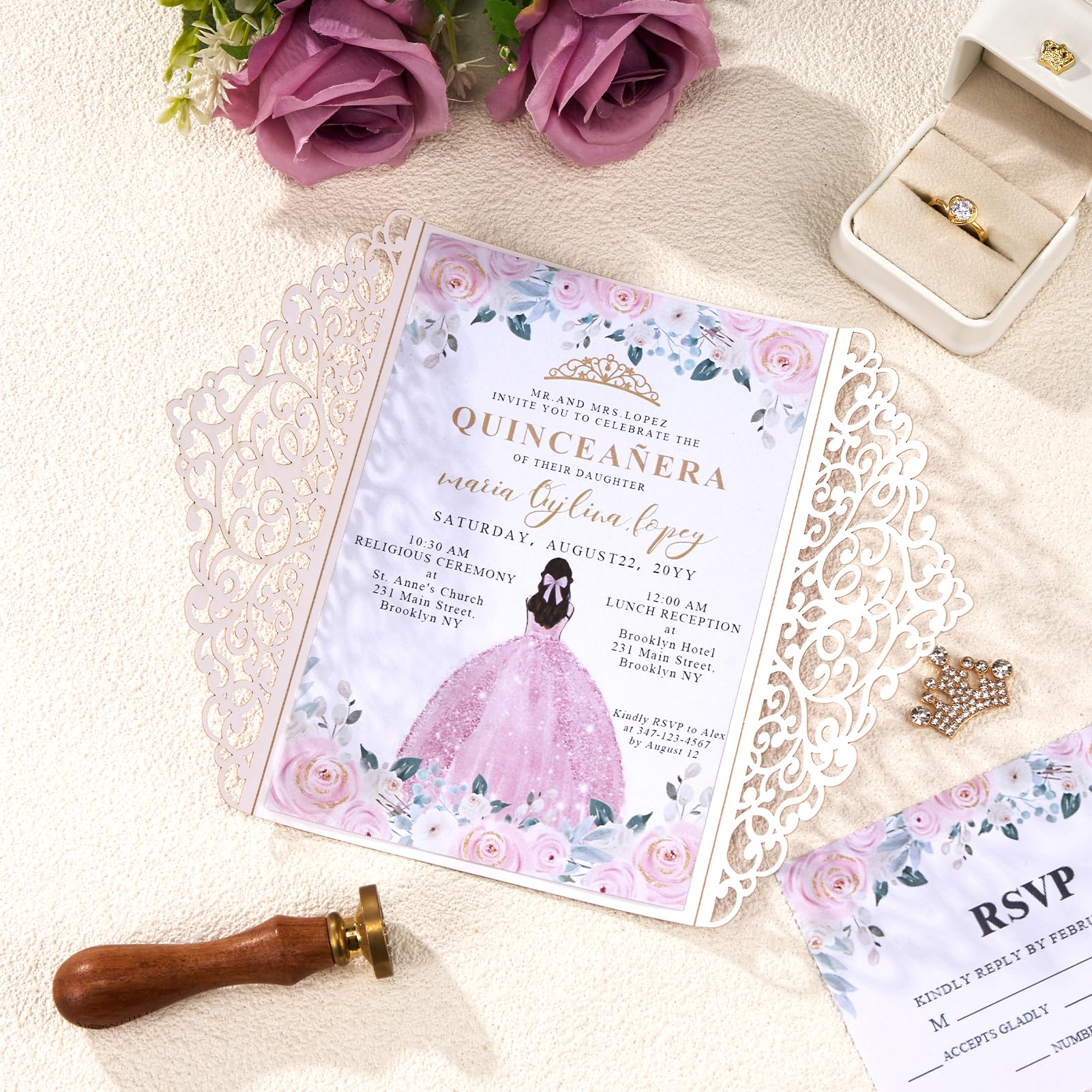 Hochzeitseinladungen, hohl, lasergeschnitten, mit Umschlägen und RSVP-Karten für Quinceañera-Verlobung, 25 Stück