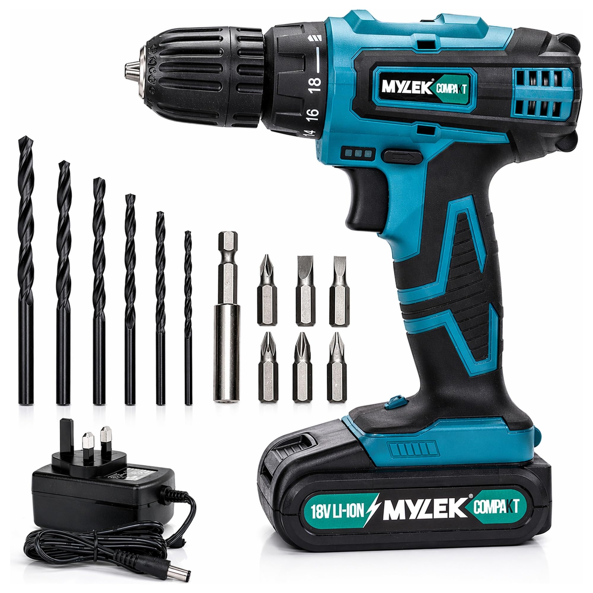 Mylek Blue 18V Cordless Drill - Lithium Ion Drills Driver Screwdriver Set - 13 Piece Combi Accessory Kit - Led Worklight, 18 Volts /Black