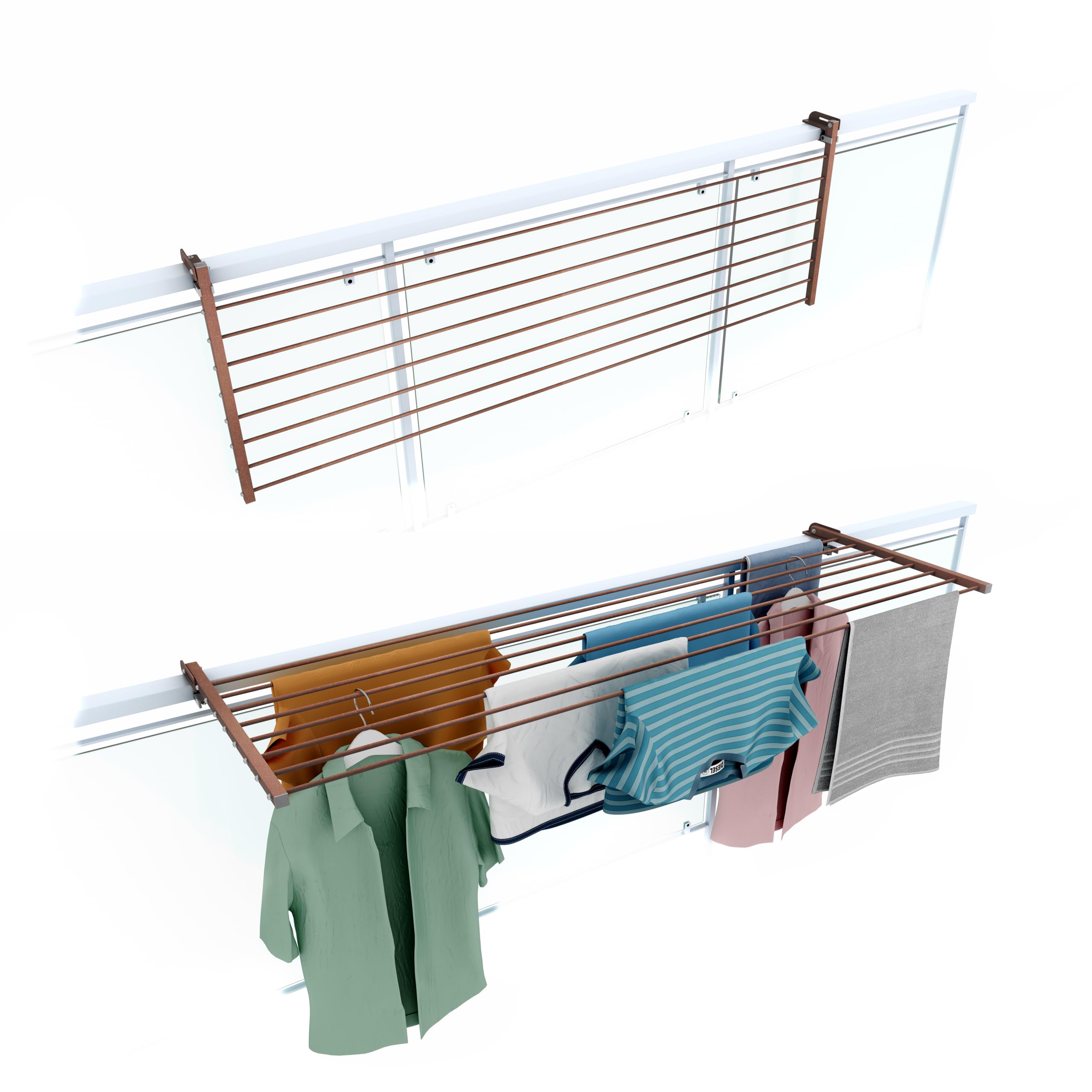 Foxydry, Duo Folding Clothes Airer for Outdoor Railing Heavy Duty Stainless Steel and Aluminium for Patios, Balconies and Railings, Length 162 cm (Brown, 162 cm)