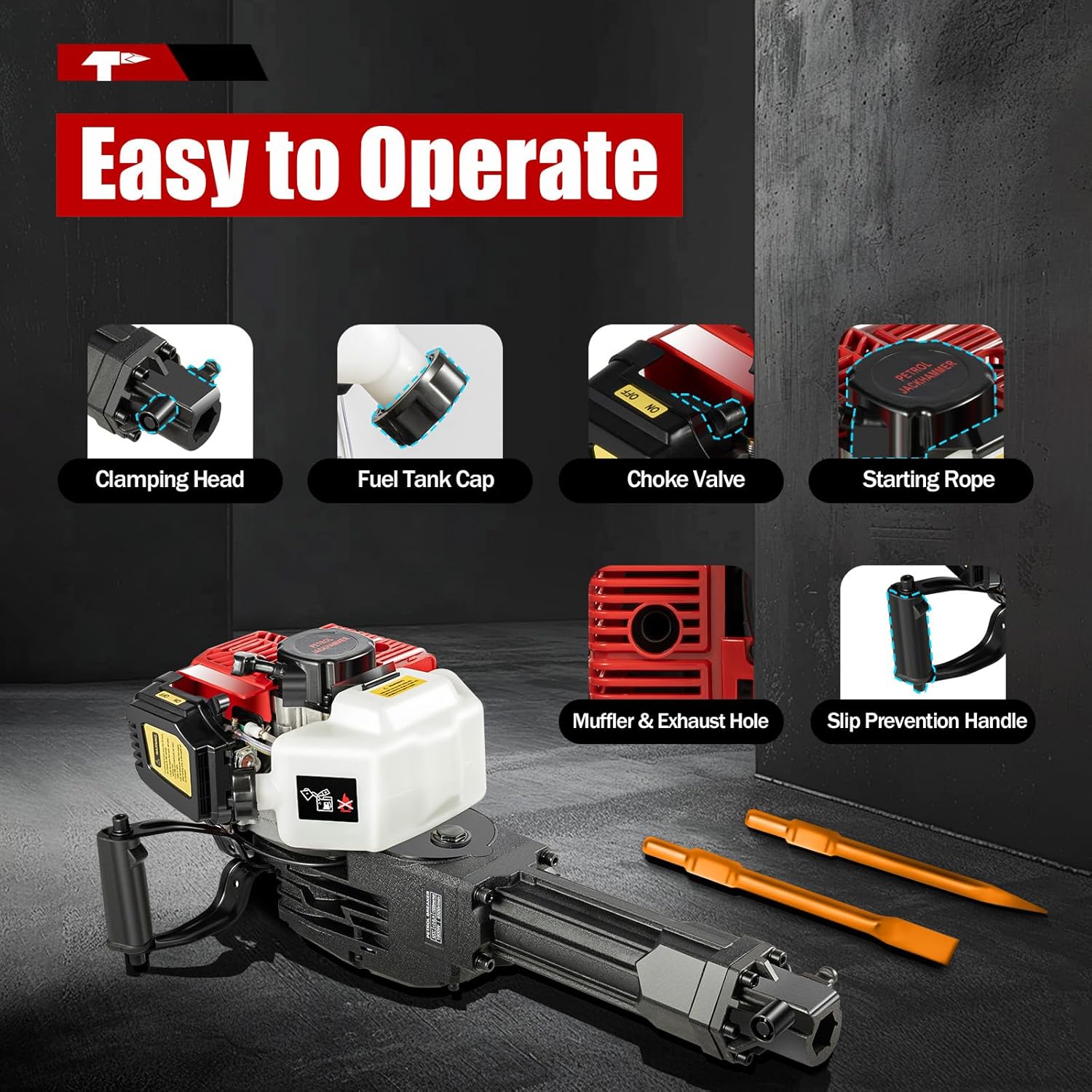 52CC Gas Powered Demolition Jack Hammer Set - 1900W 2-Stroke Concrete Breaker with Point & Flat Chisel, Jack Hammer Concrete Breaker, 1500BPM Impact Frequency for Rock Breaking, Concrete Demolition