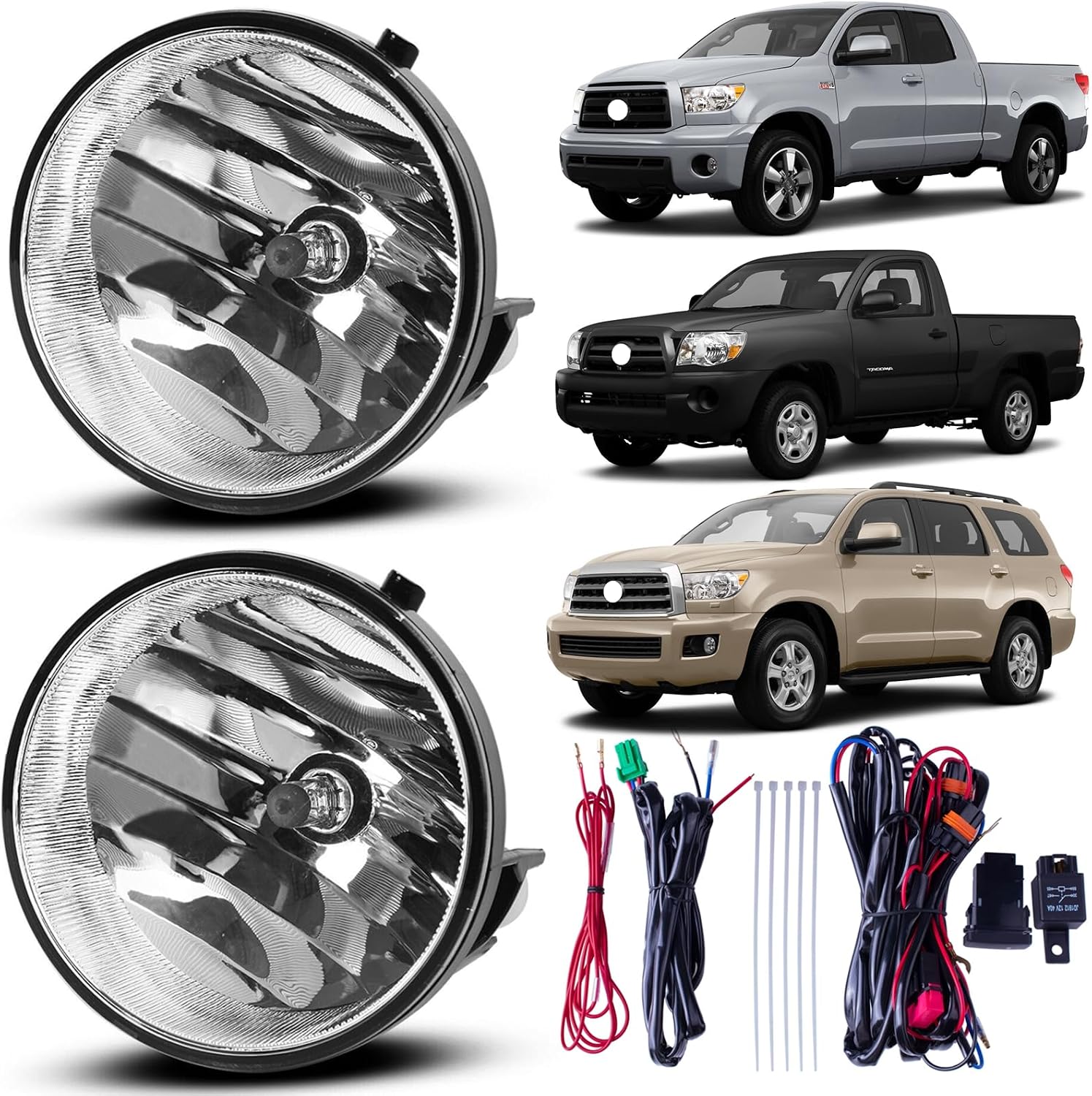 Yellow Clear LED Fog Lights Lamps + Wiring Harness + Switch + Relays Compatible With Toyota Tundra 2007-2013 & Tacoma 2005-2011 & Solara 2004-2006 & Sequoia 2008-2015 (Clear)