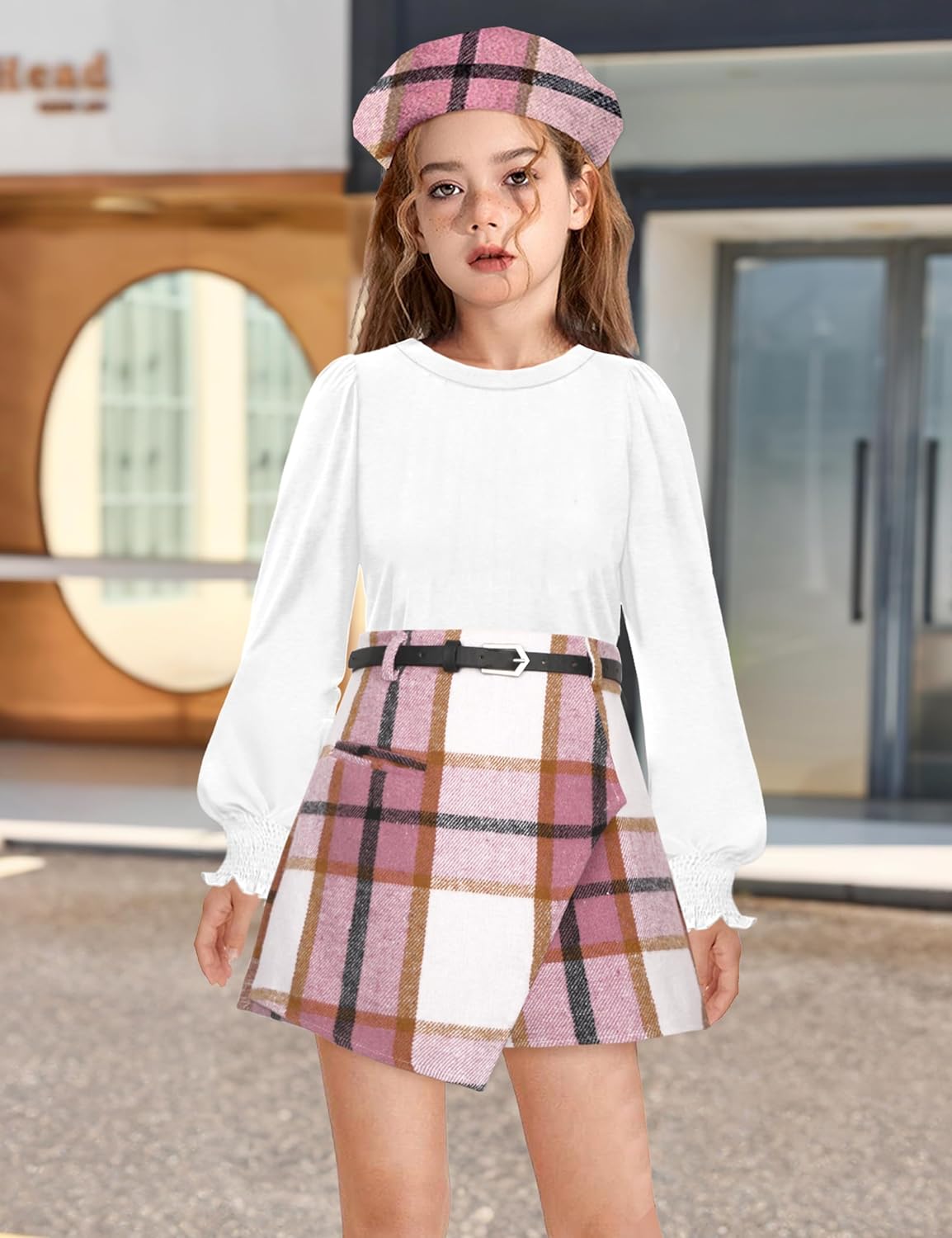 AGAPENG Girl Skirt Sets Smocked Cuffed Fall Outfits Puff Sleeve Tops Plaid Skirt Shorts Adjustable Belt Winter Clothes - Image 2