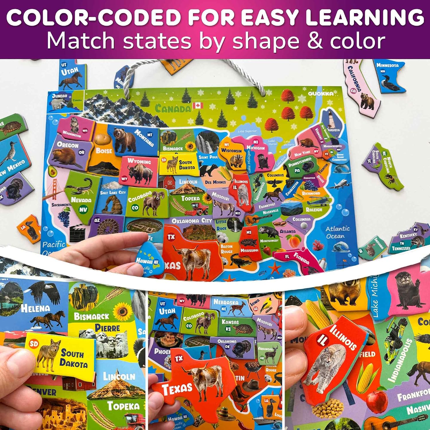 QUOKKA Magnetic Puzzles for Kids Ages 4-6 - Realistic USA Map Puzzles for Toddlers 3-5 - Montessori Educational Toys for 2-4 Years Old - United States Geography Learning Games for Kids 5-8