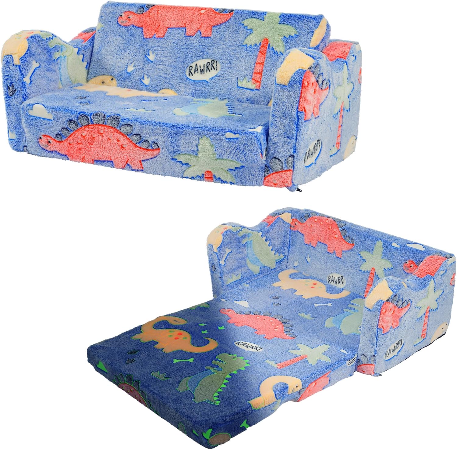 Elevon Wider Seating Toddler Couch, 2-in-1 Sofa Soft Chair for Boys Girls, Flip Open Convertible Sleeper for Playroom, Glowing Dinosaur
