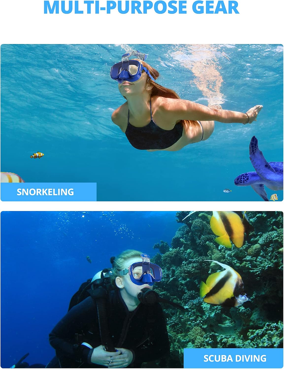 AKASO Snorkel Mask, Broad View Scuba Mask Anti-Fog Anti-Leak with Camera Mount Diving Mask Snorkeling Mask, Snorkeling Gear for Adults(Deep Blue)