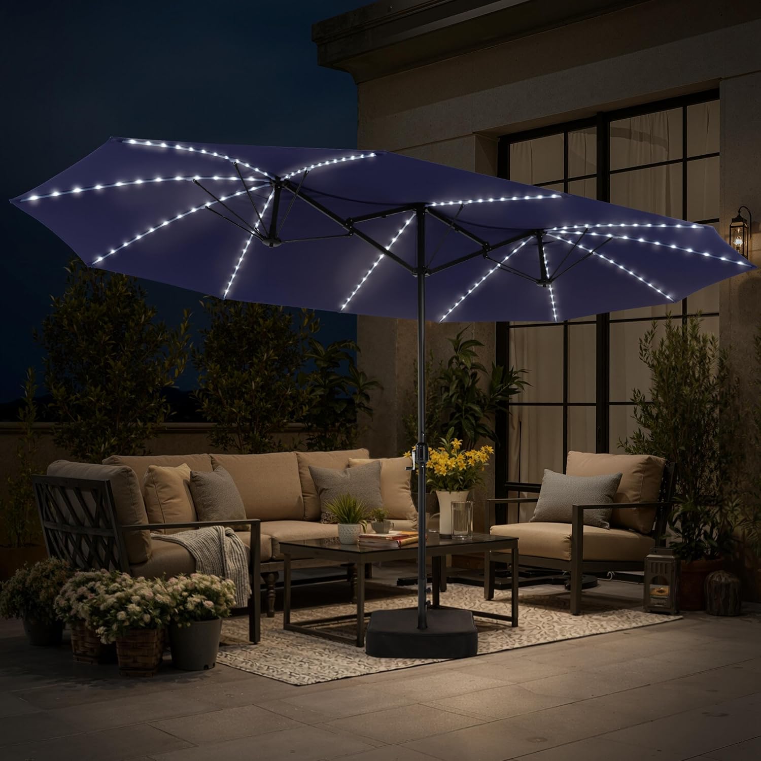 15FT Double Sided Umbrella with 144 LED Solar Lights, Outdoor Patio Umbrella with Base, Large Rectangle Market Umbrella UV Protection Wind Resistant for Patio Table, Backyard Deck Poolside (Navy)