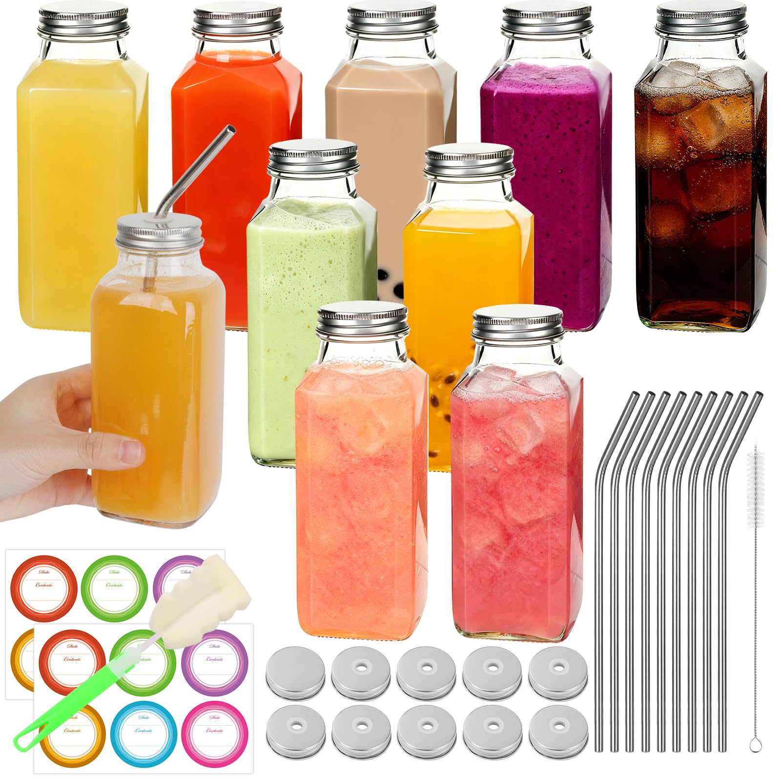 12 oz 10 Pack Glass Juice Bottles with Lids, Leakproof Drinking Jars