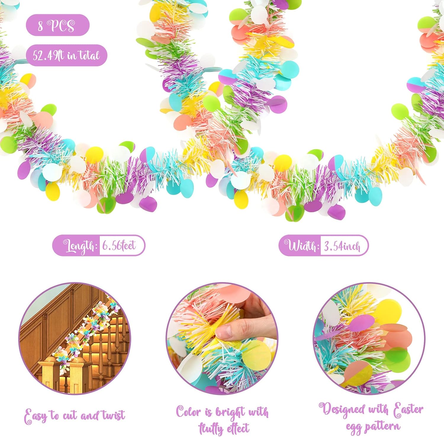 Jutom 8 Rolls/ 52 Feet Easter Tinsel Garland with Colorful Egg Spring Garland Hanging Tinsel Ornament Decoration Fringe Party Decorations for Holiday Door Tree Mantel Window Outdoor Party Supplies