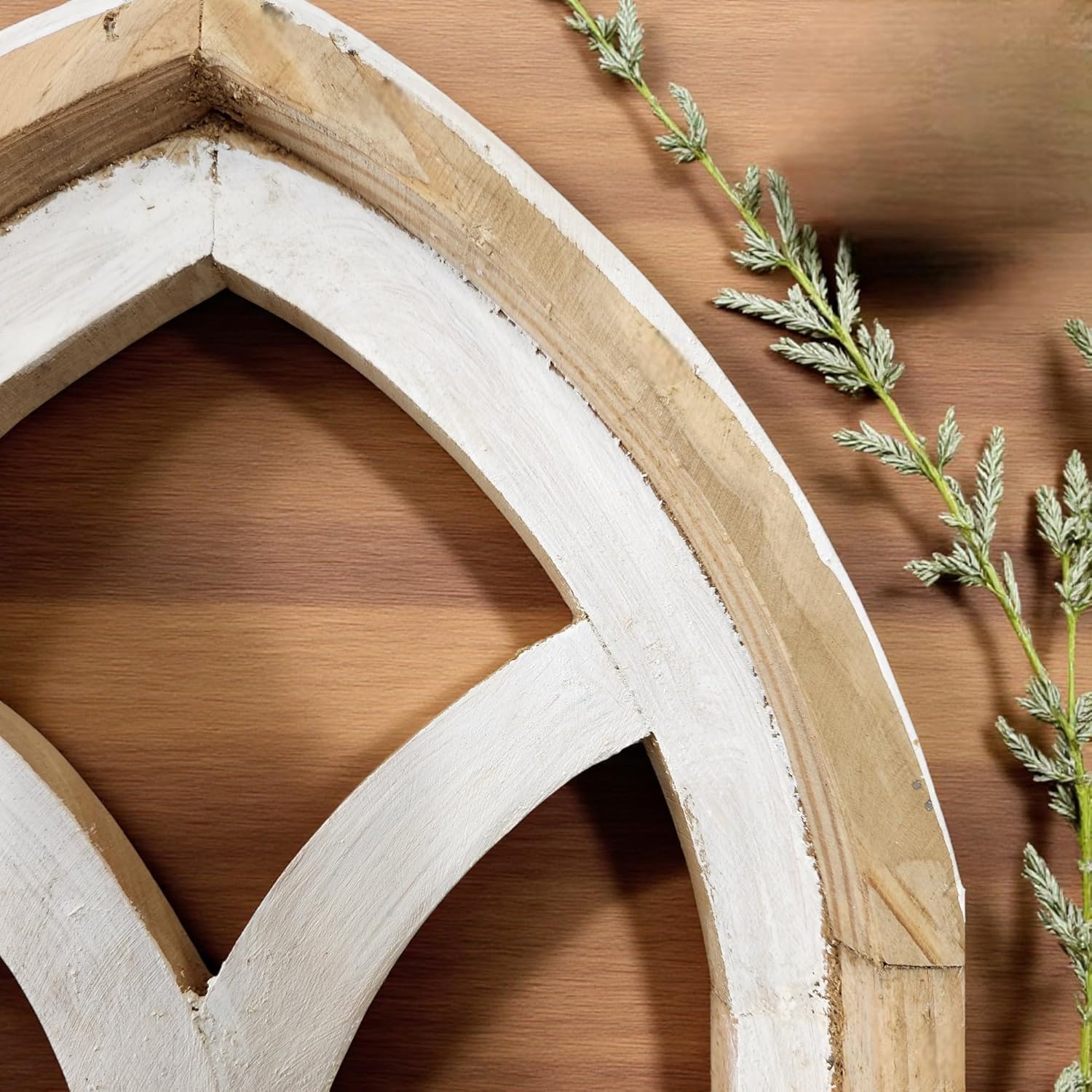 Farmhouse 37-Inch Wooden Wall Windows Cathedral Arches Set of 2 Rustic Ivory Point - Decorative Wood Window Panels