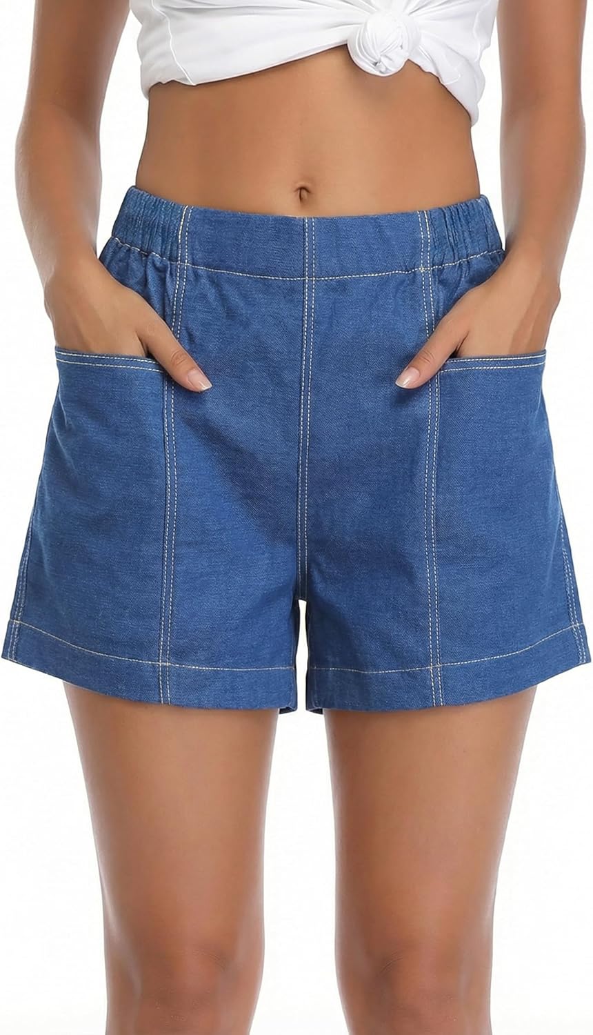 Fuinloth Women's Faux Denim Shorts, Elastic Wasit Mid Rise Loose Fit with 2 Front Pockets, Stretchy Jeans Short Pants