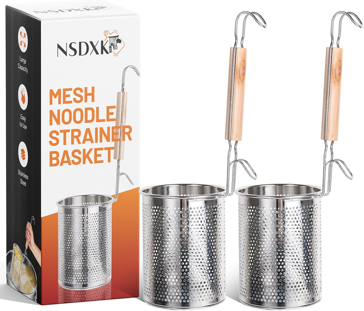 2 Pack Pasta Basket, Stainless Steel Mesh Noodle Strainer Basket with Wooden Handle, for Boiling Food, Pasta, Noodles, Dumpling, Ramen, 4.3''D x 5.7''H 4.3inch-2pcs