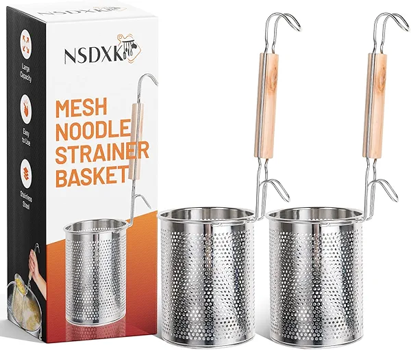 NSDXK 2 Pack Pasta Basket, Stainless Steel Mesh Noodle Strainer Basket with Wooden Handle, for Boiling Food, Pasta, Noodles, Dumpling, Ramen, 4.3''D x 5.7''H