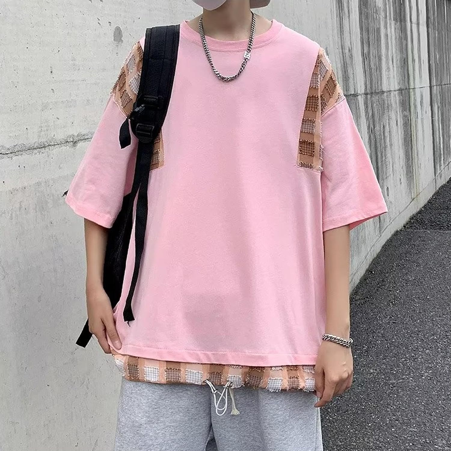 Men's Fake 2 Pieces Top Casual 3/4 Sleeved Shirts Round Collar Summer Patchwork Casual Loose Short-Sleeved T-Shirt