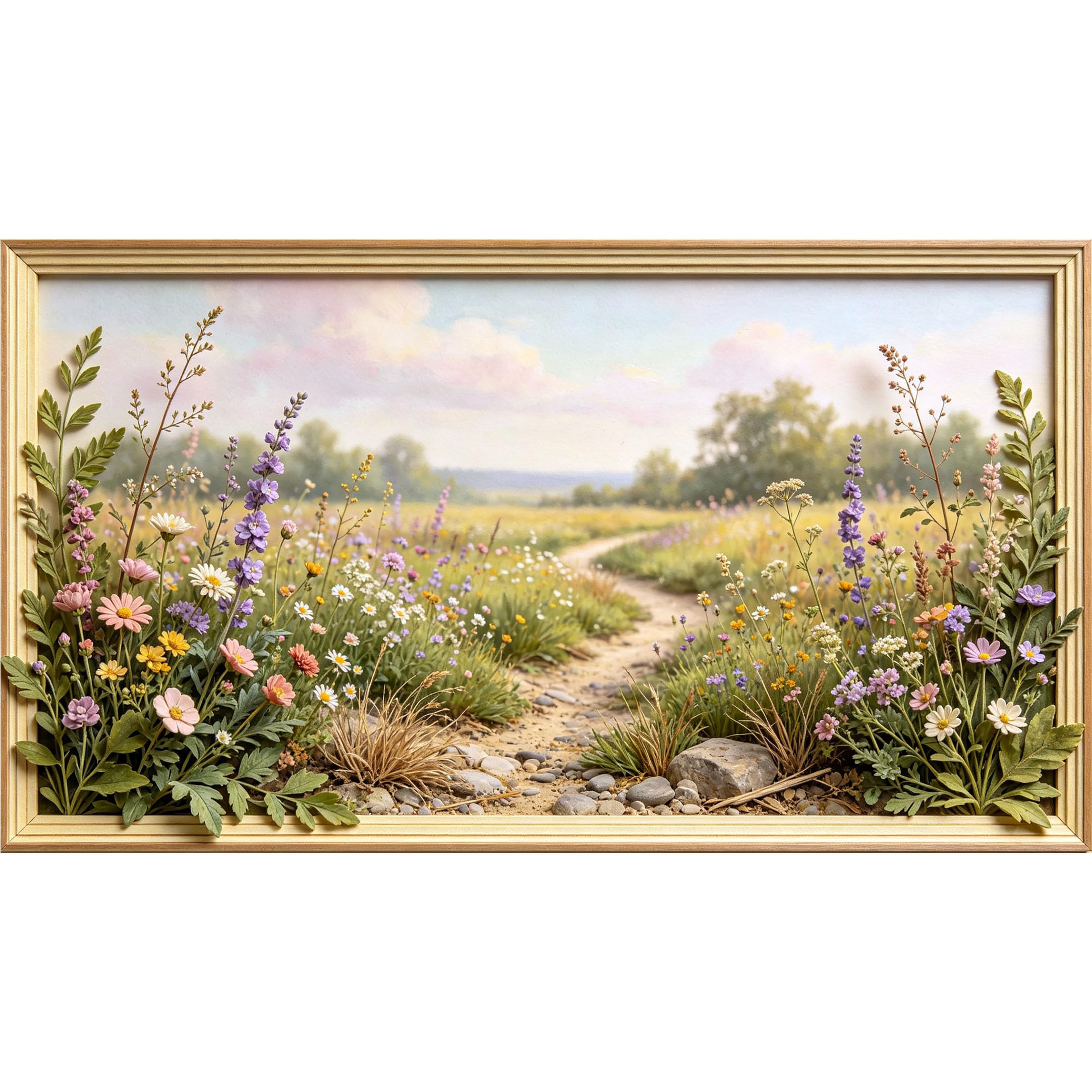 QZLITHOTIC 50x90cm3D Framed Wall Art， Botanical Wildflower Meadow Path Self‑Adhesive Mural， Water‑Activated Peel & Stick Fabric Decor Wall Decal for Bedroom Living Room