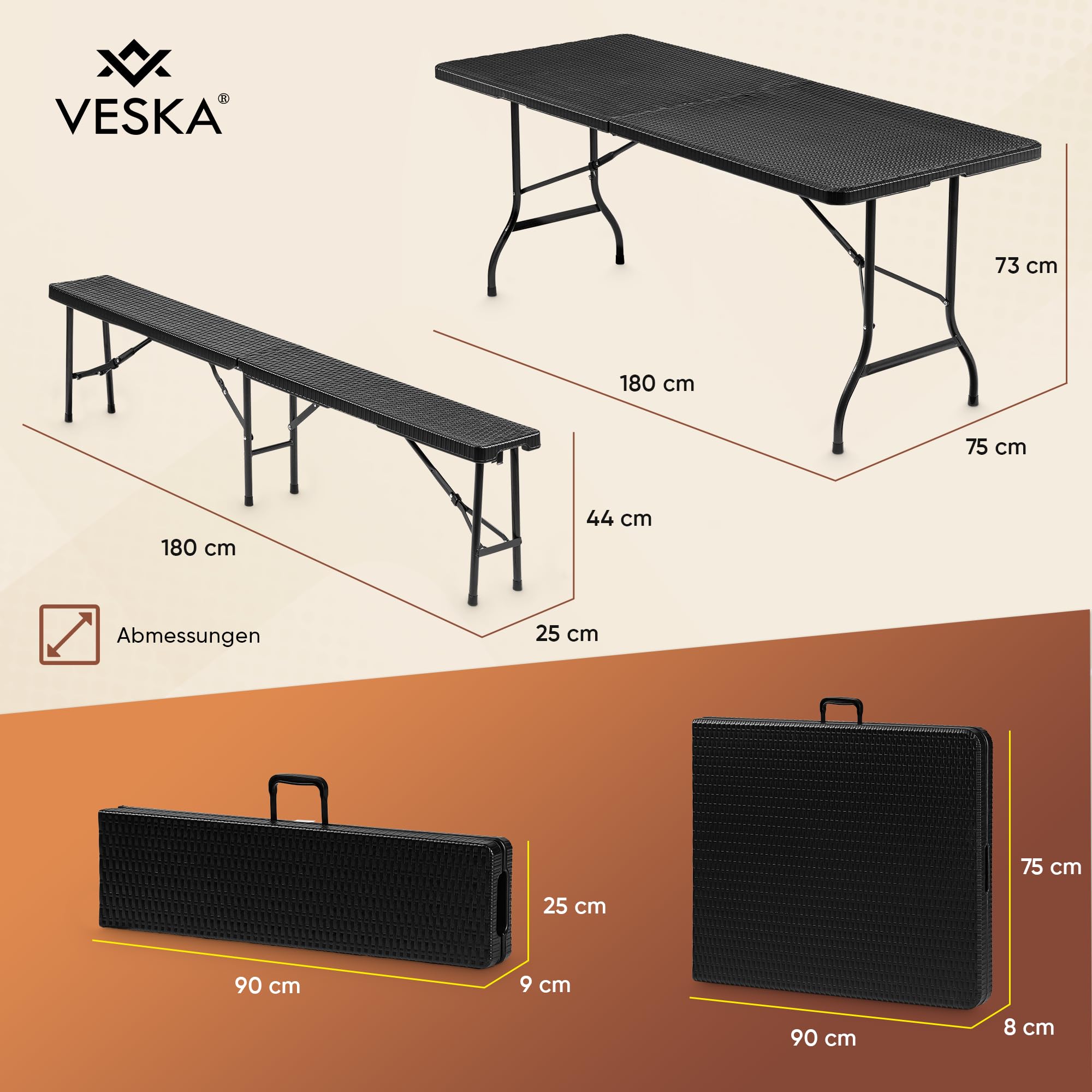 VESKA® Bierzeltgarnitur 3-teilig Set Tisch + 2x Bank, wetterfest für drinnen und draußen, klappbar mit Tragegriffen, Kunststoff, Gartengarnitur, Klapptisch, Gartentisch 180 cm Rattan-Optik (anthrazit)