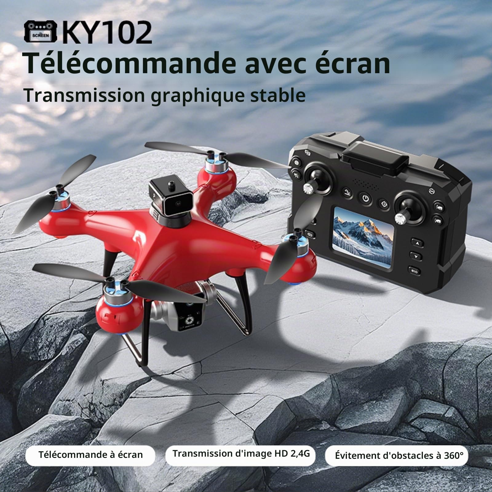 KY102 Drone avec contrôleur d’écran avec carte SD, Télécommande avec Écran LCD, Transmission en Temps Réel, Les deux batteries.