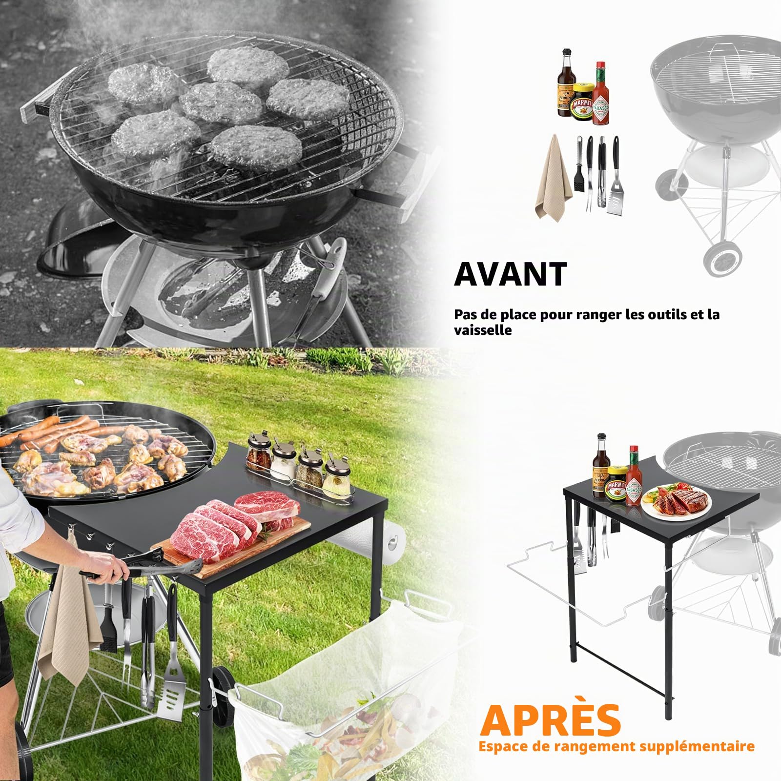 GFTIME Weber Smokey Mountain Table d'appoint pour barbecue sphérique Weber Kettle 47/57/67 cm, barbecue au charbon de bois Master-Touch, accessoires de barbecue de qualité supérieure