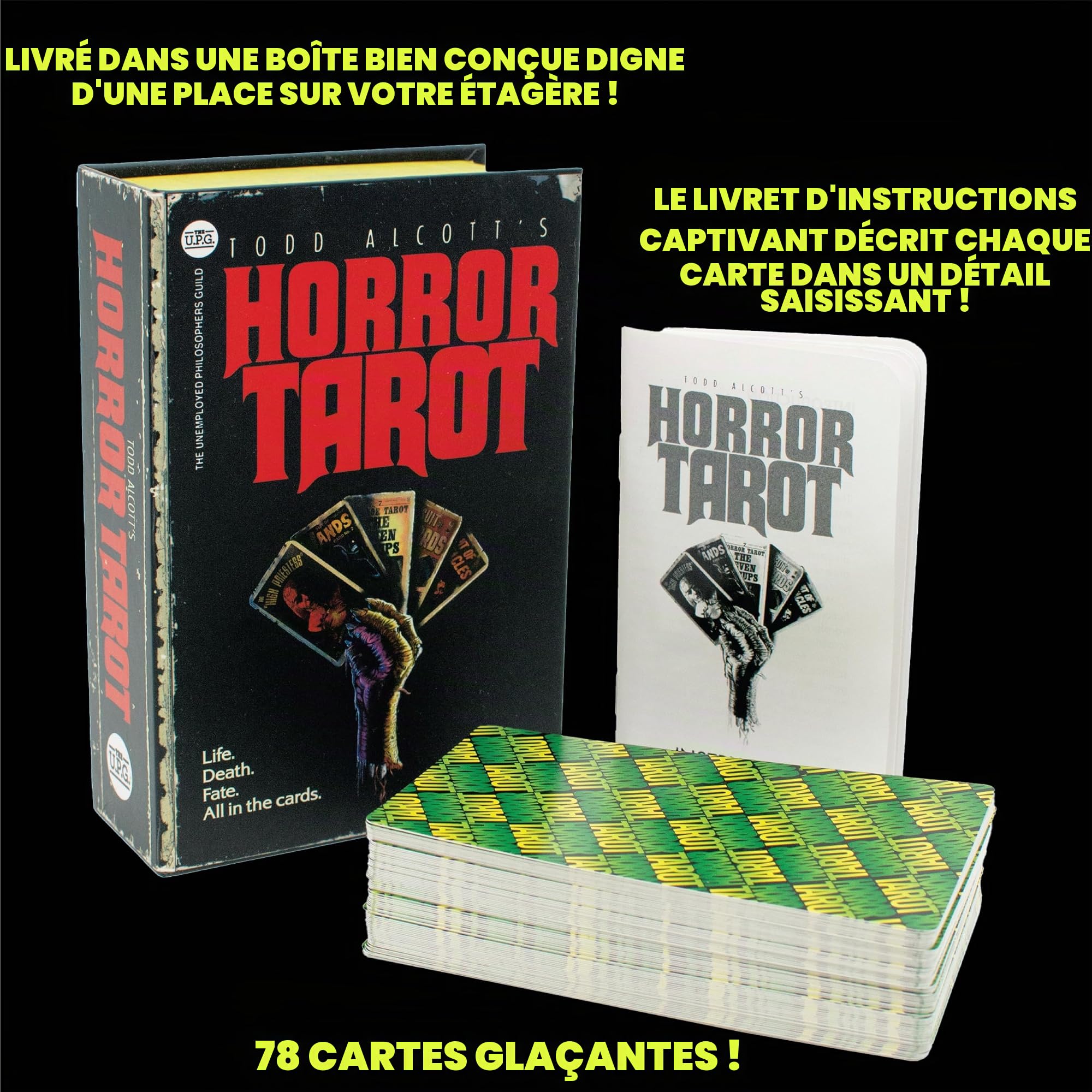 The Unemployed Philosophers Guild Todd Alcott's Horror Tarot – Jeu de cartes sur le thème de l'horreur avec illustrations inspirées de la littérature macabre et de la culture pop effrayante – Coffret