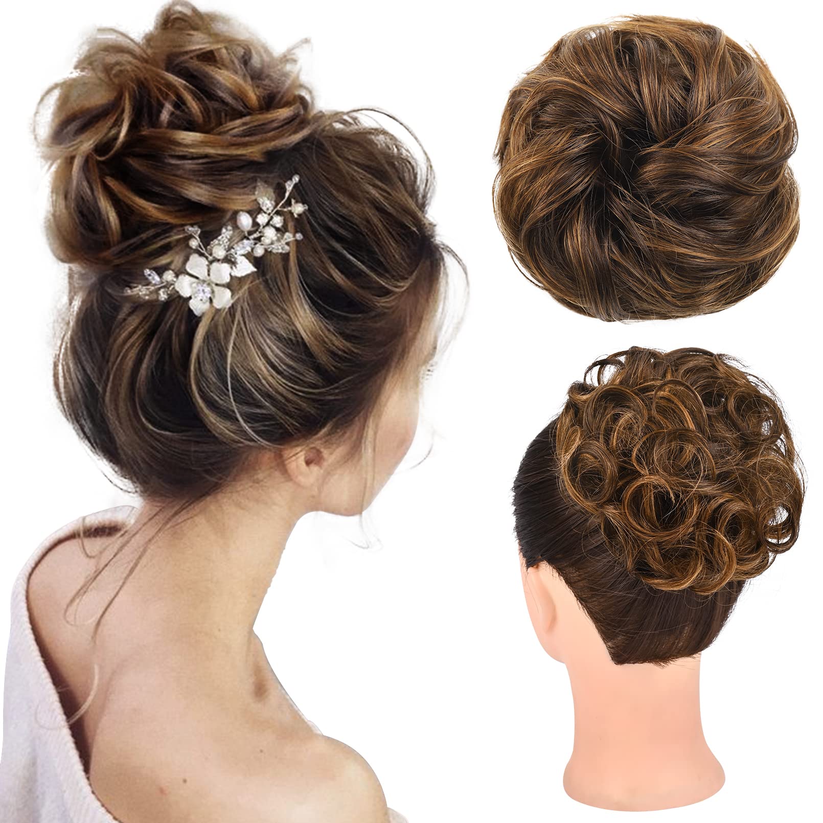 FLUFYMOOZ Messy Bun Hair Piece, 100% Real Human Hair Tousled Updo Extension Natural Curly Messy Bun with Elastic Band Hair Bun Hair Piece Ponytail Extensions fo