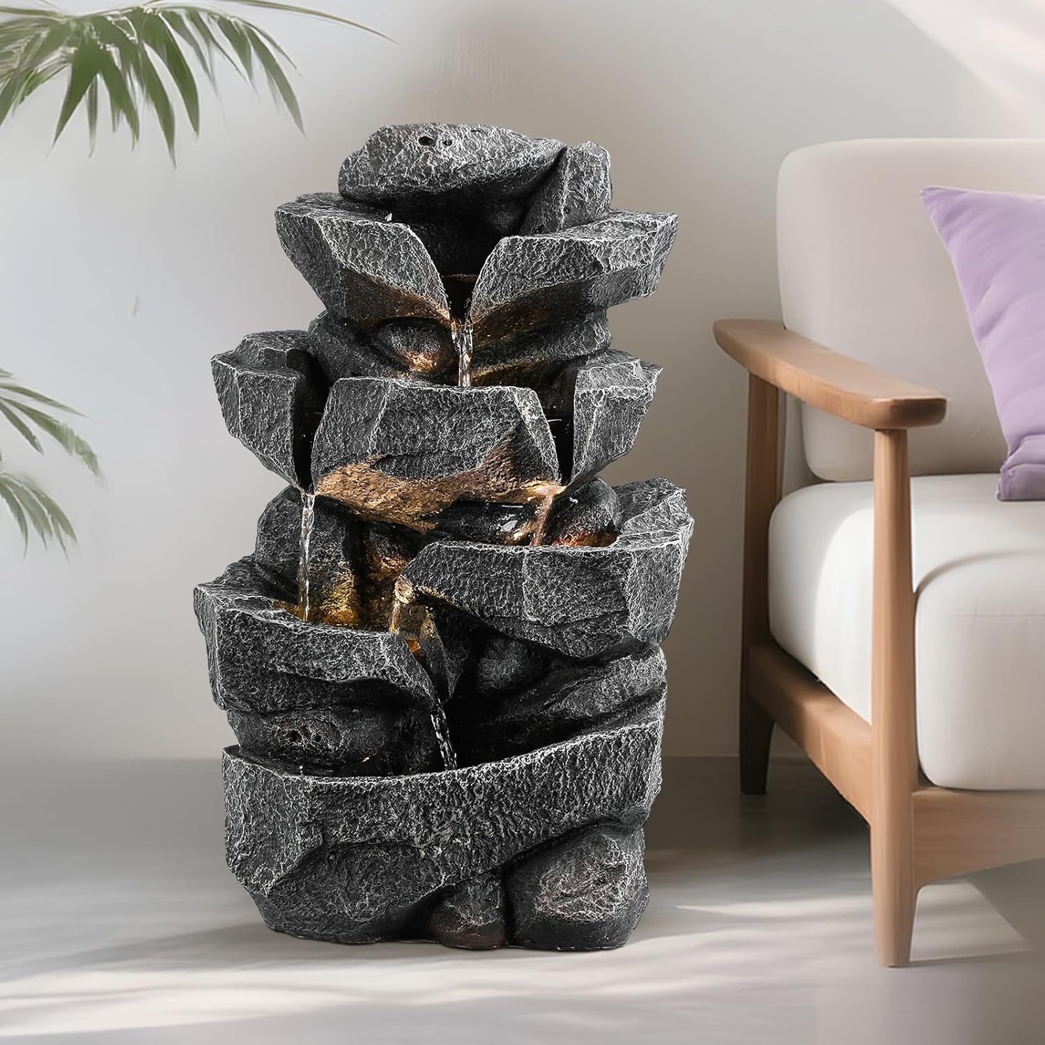 Multi-Level Rock Fountain with LED: Outdoor Waterfall Decor for Tabletop, Garden, Patio - Cascading Resin Water Feature Black