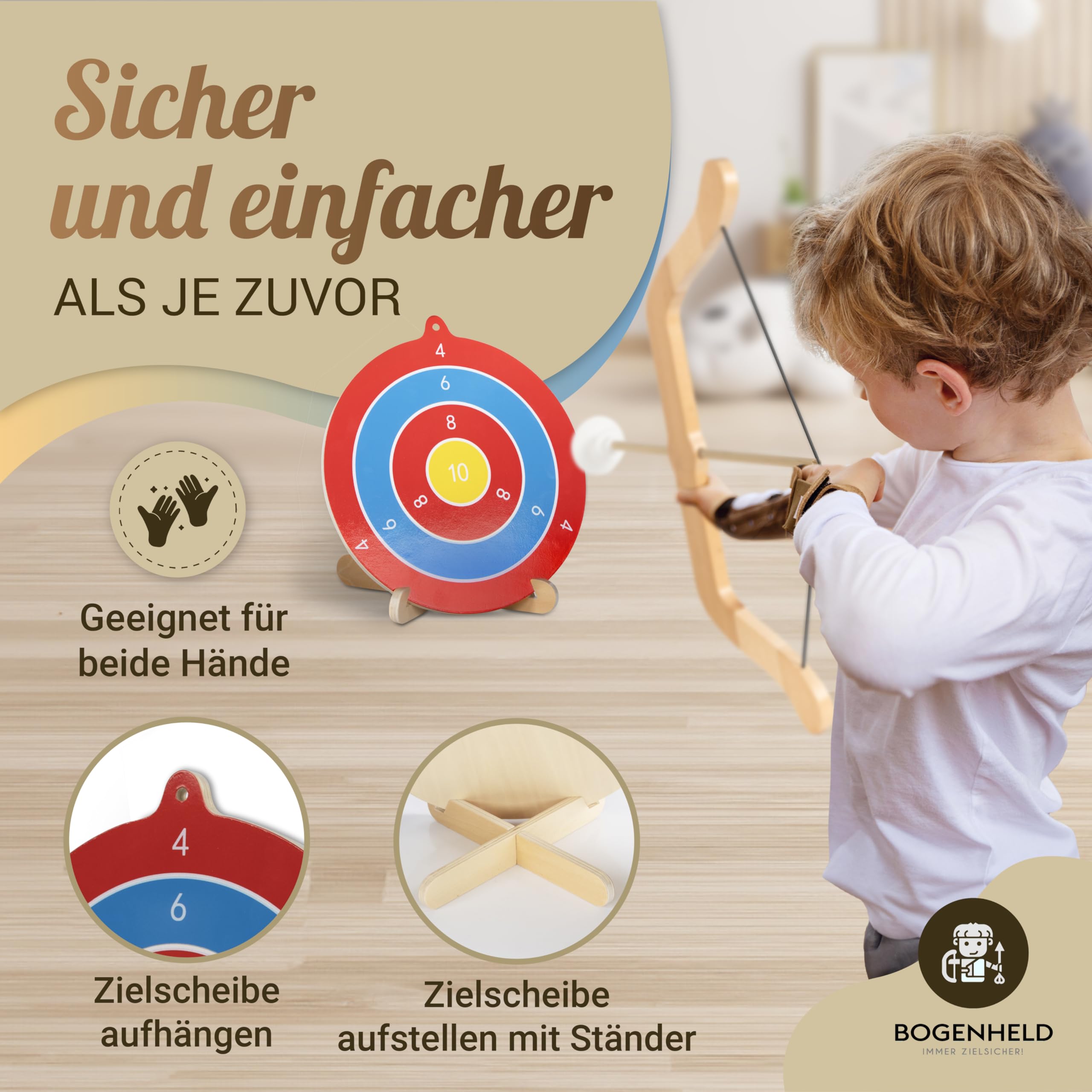 Pfeil und Bogen Kinder | Bogenschießen Set mit 5X Saugnapfpfeile, 1x Pfeiltasche und 1x Zielscheibe | Spielzeugbogen Saugnapf Kinder ab 3 Jahre | Bogenset für Links - und Rechtshänder