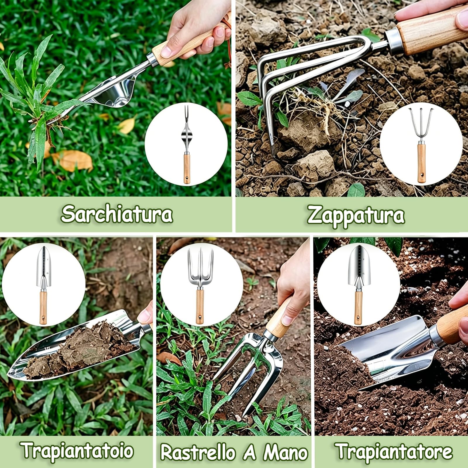 Set di Attrezzi da Giardinaggio 12 Pezzi, Utensili in Acciaio Inossidabile Anti-Ruggine con Manico in Legno Antiscivolo, per Trapiantare e Potare, Giardinaggio Regalo per Uomo e Donna