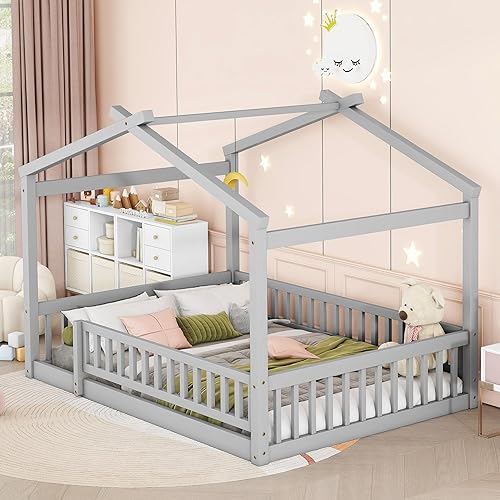 Miniatura 3 de Harper &amp; Bright Designs Cama de casa de tamaño matrimonial para niños, cama Montessori con rieles en forma de valla, marco de cama de tienda de