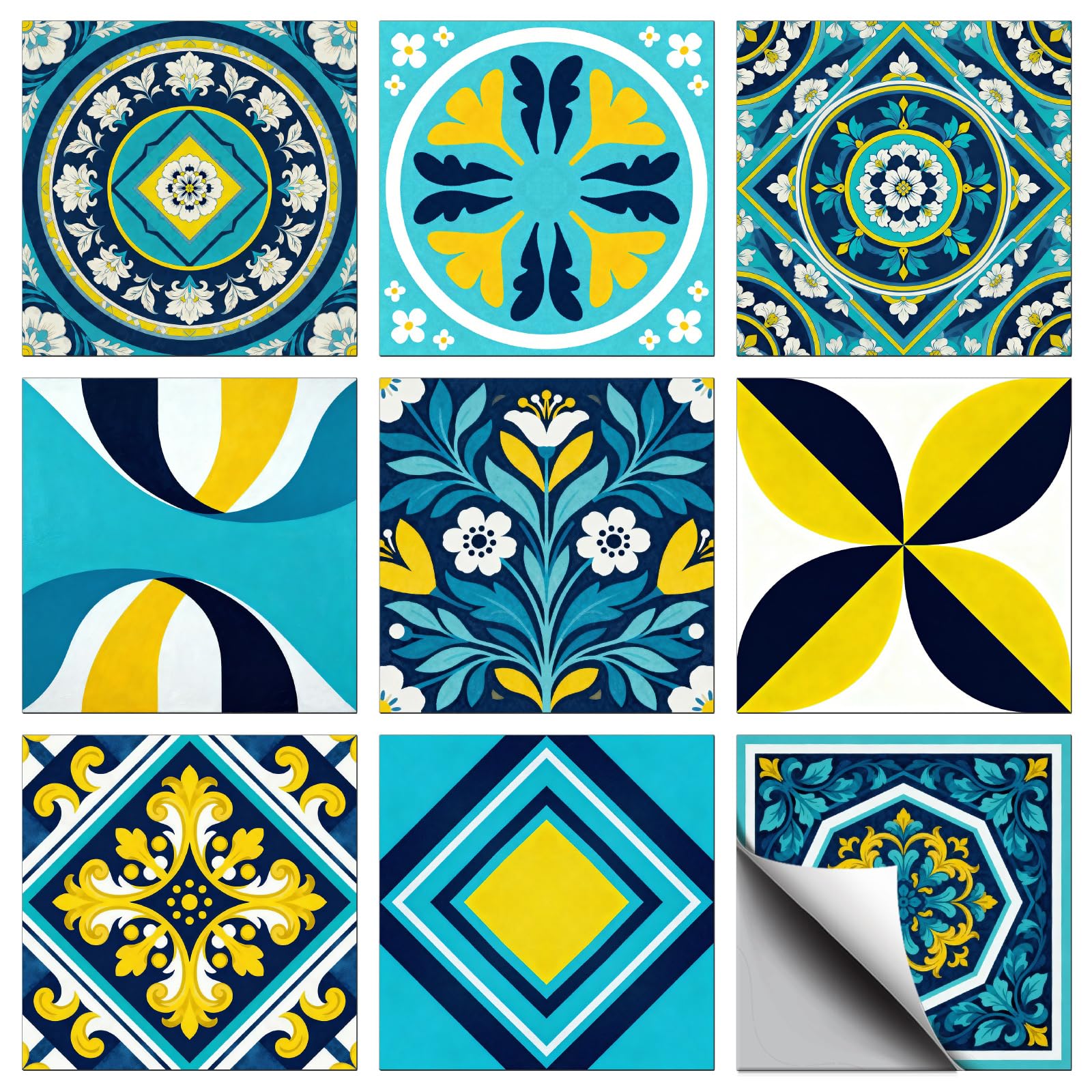 CONCHLERY 36 Pcs 9 Styles Blue Cyan Geometric Pattern Peel and Stick Tile Stickers Waterproof Self Adhesive Decals, for Kitchen Bathroom Home Wall Art Decor 4x4 Inch โ image 1