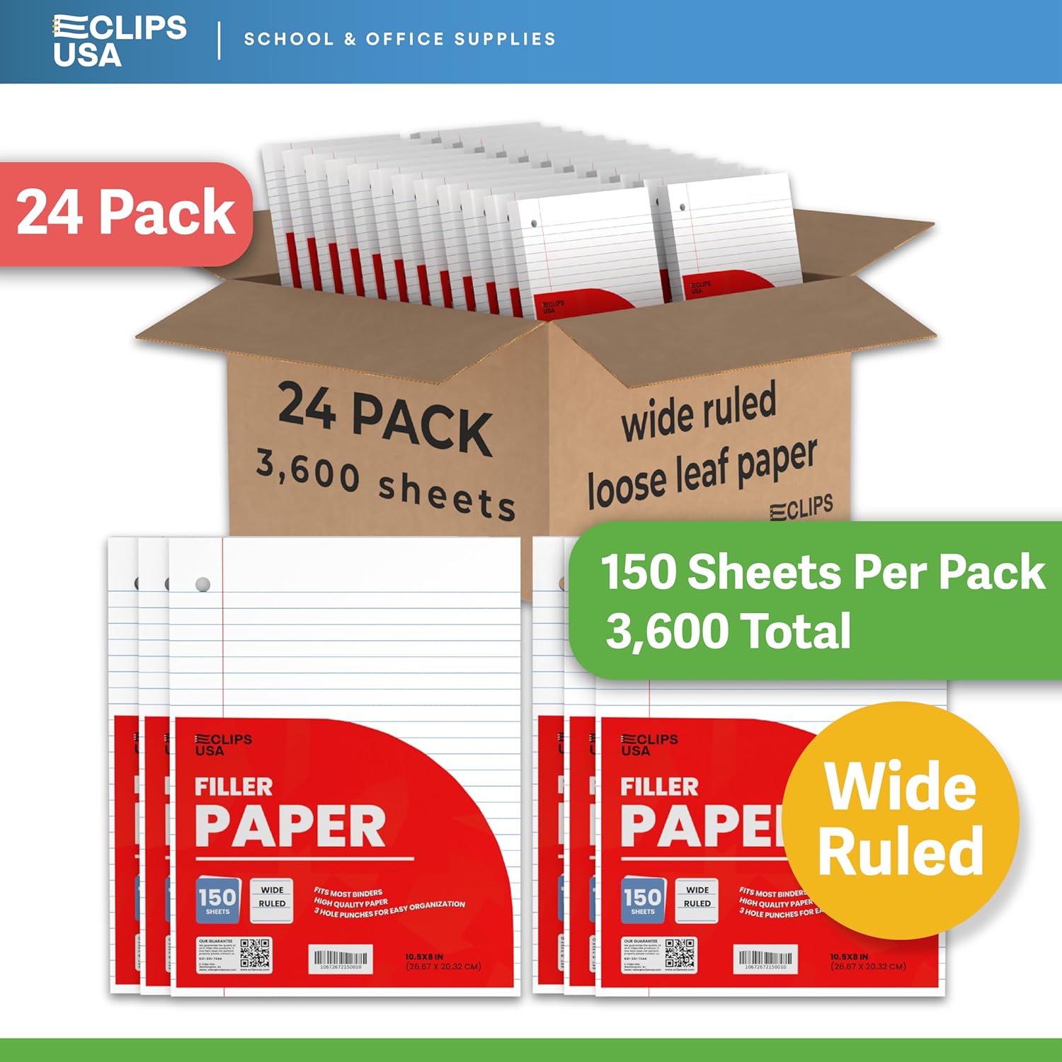 Wide Ruled Loose Leaf Paper Wide Ruled Notebook Paper Lined Writing Filler Paper 10.5” x 8” 56 gsm 3600 Sheets 150 Sheet Per Pack (24 Pack)