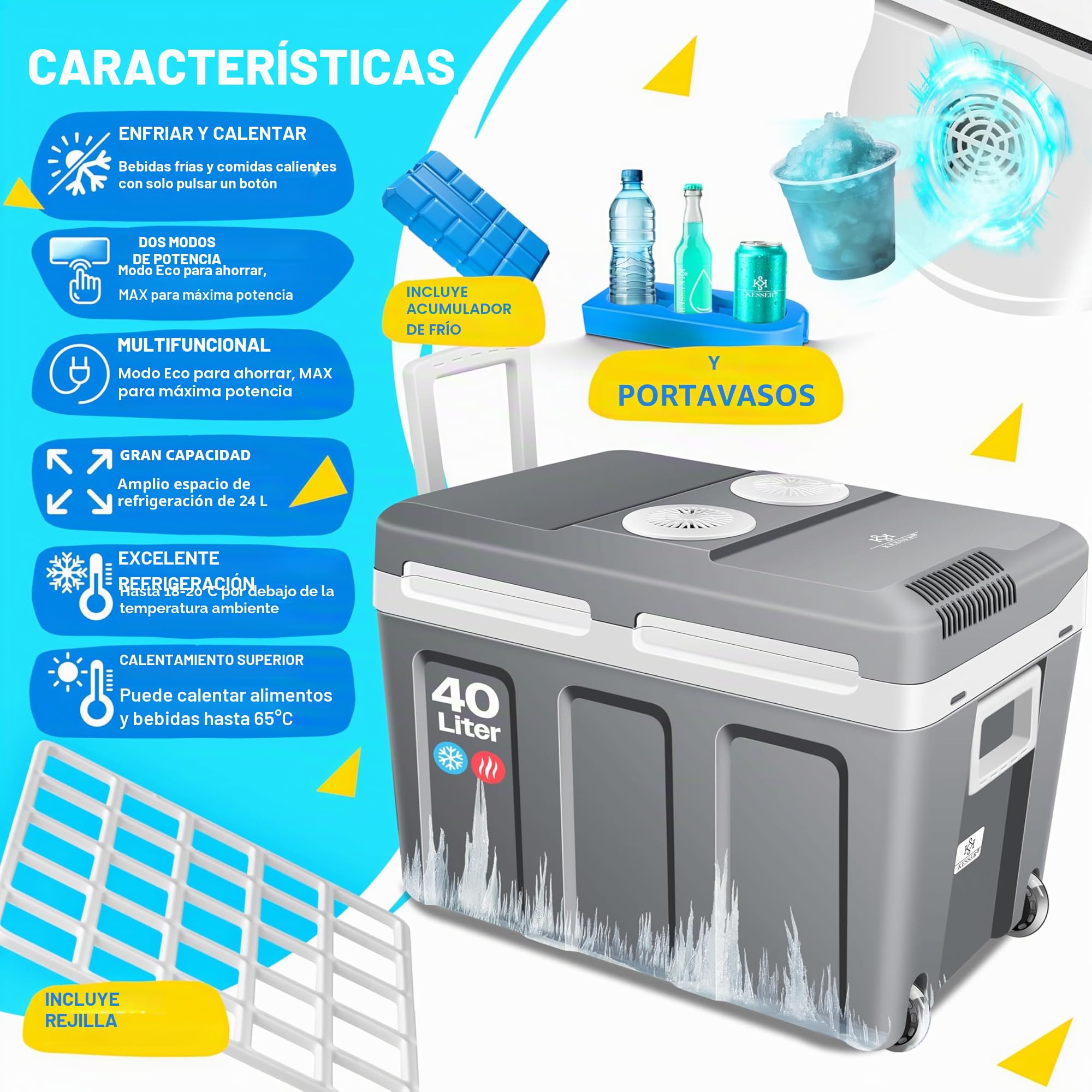 KESSER® Nevera eléctrica portátil 40L con Ruedas | Calienta y enfría | Termoeléctrica | Mini Nevera | 12V y 230V | para Coche, Camping y Enchufe | Modo Eco | Incluye acumuladores de frío