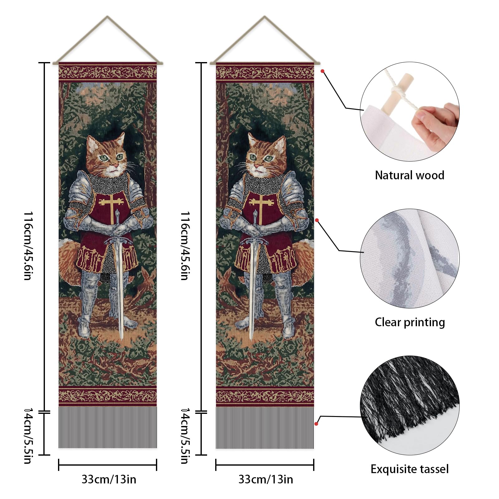 SUPERDANT Ritter Katze Schmale Wandteppich 2 teiliges Set Polyester Rechteck Wandbehang für Wohnung Wohnzimmer Schlafzimmer Eingangsbereich Flur Studentenzimmer Büro Vertikale Wandkunst Deko 130x33cm