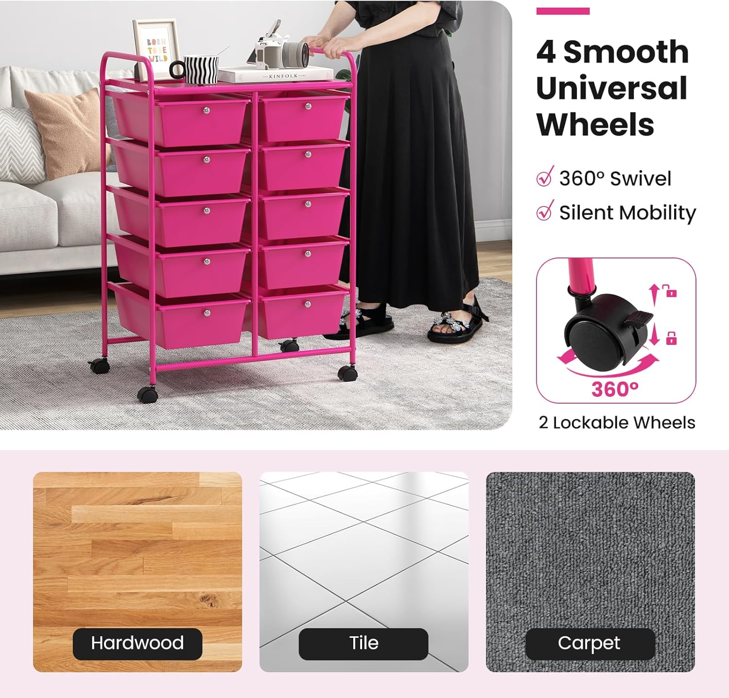 10 Drawer Rolling Storage Cart, Multipurpose Art Craft Organizer on Wheels for Scrapbook, Papers, Mobile Utility Cart with Drawers for Home Office School Teacher Classroom (Hot Pink)