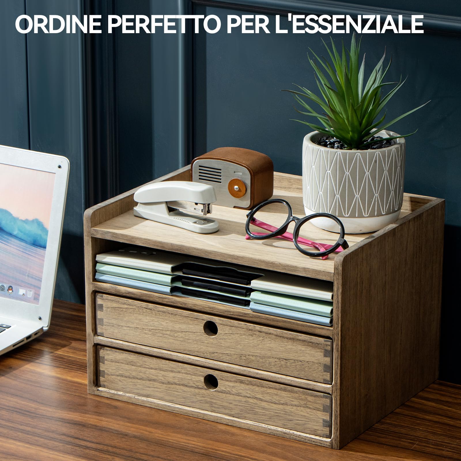KIRIGEN Organizzatori da tavolo in legno con cassetti per la casa e l'ufficio forniture per ufficio scatola portaoggetti in legno con 2 cassetti e 1 mensola, marrone scuro