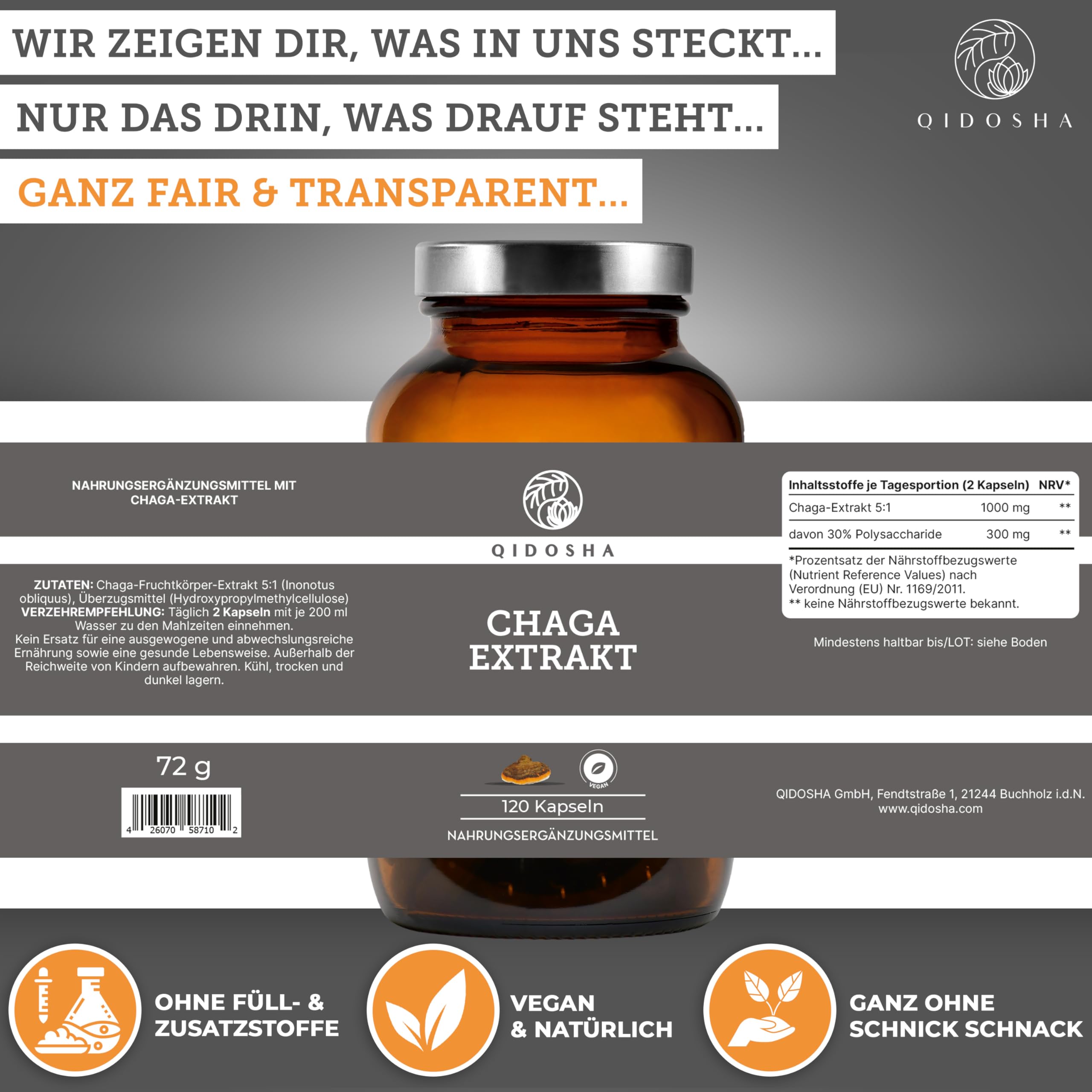 QIDOSHA® Chaga Extrakt Kapseln hochdosiert, 120 Stk im Glas (kein Plastik), 1000 mg Schiefer Schillerporling Extrakt pro Tagesdosis, Chaga Pilz Kapseln hochdosiert, aus Wildsammlung von Birken