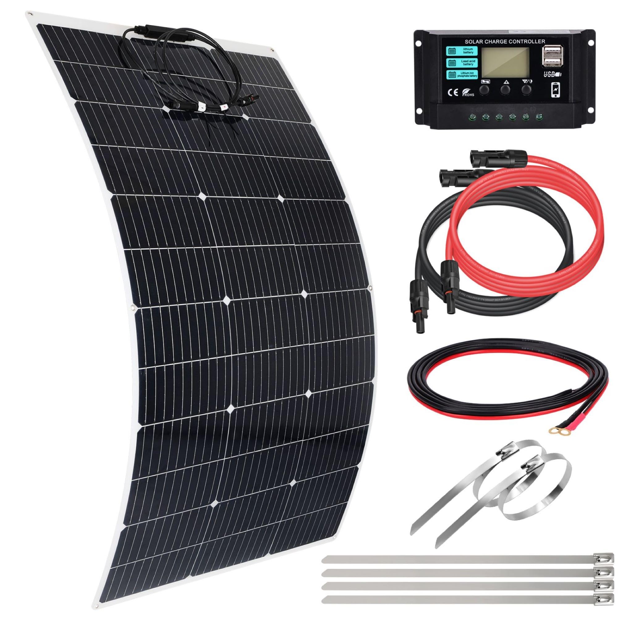 【Panneau Solaire Souple 120W Kit】DERUXI Panneau Solaire Flexible 12V 120W+Régulateur de Charge 30 A+4 Pcs Solaire Câble+6 Pcs Collier Serrage Inox, Panneau Solaires Set pour Camping-Car Bateau Balcon