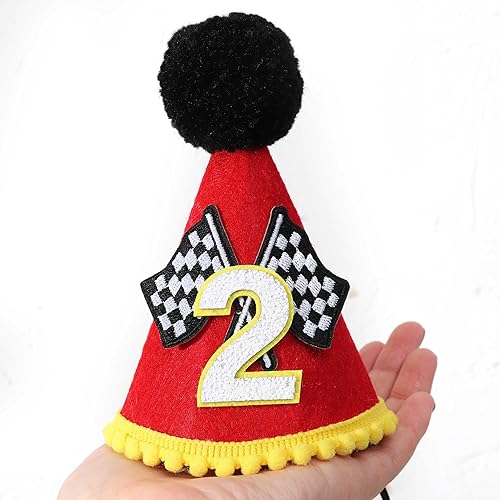 Vista 4 de Decoración de dos cumpleaños rápidos: dos sombreros de cumpleaños rápidos, corona de cumpleaños con temática de carreras, corona de cumpleaños
