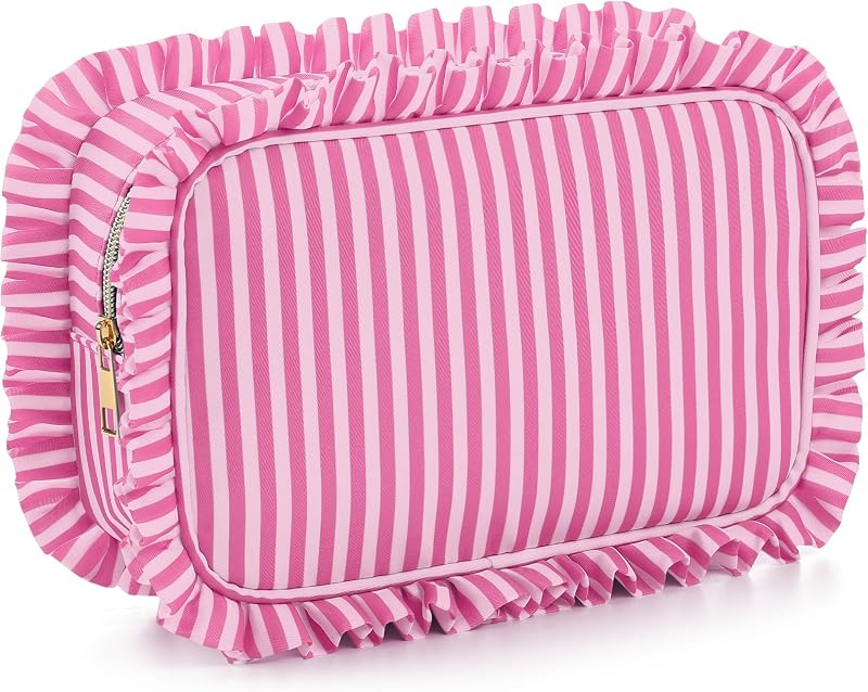 Necessaire de maquiagem Kigeli com babados, nylon, listrada, rosa empoeirado, 22,02 x 20 x 2,79 cm