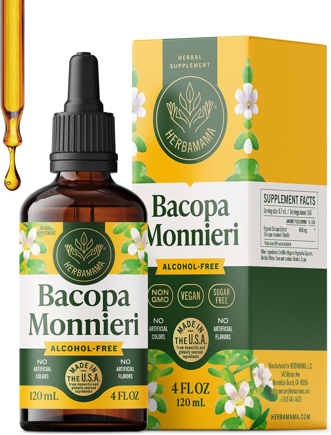 HERBAMAMA Bacopa Monnieri Supplement - Vegan Brain Focus and Clarity Support with Bacopa Extract Tincture - Non-GMO, Alcohol & Sugar-Free Brahmi Herb Drops, 168-Day Supply