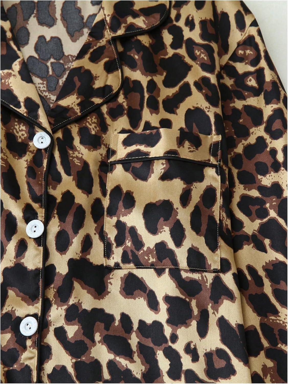 Women's 2 Piece Leopard Print Satin Pajama Set Cheetah Button Down Long Sleeve Top and Pants Sleepwear - Image 3