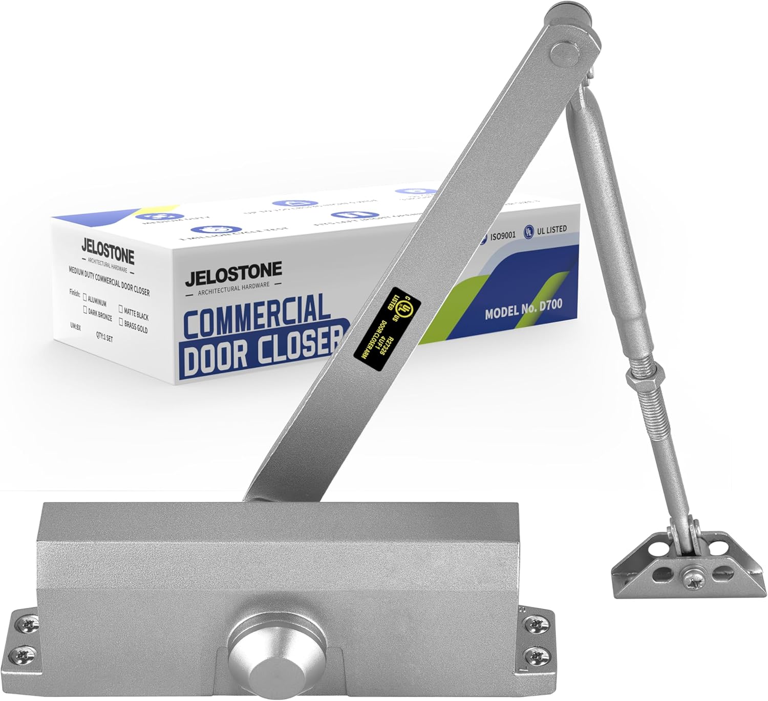 Medium Duty Commercial Door Closer D700, 3 Valves Closing/Latching/Backcheck, UL 3 Hour Fire Rated, Fixed Size #3 Spring Power, Door (55-150LB/33-36 in), Indoor/Outdoor (Dark Bronze)