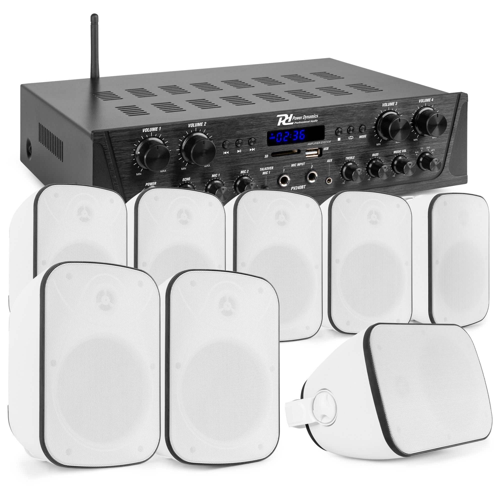 Power Dynamics Sistema de Sonido de 4 Zonas – Amplificador 400W Bluetooth, MP3 USB, FM + 8 Altavoces Blancos IPX5 Interior/Exterior con Radiador Pasivo, Soportes de Montaje y 100m de Cable
