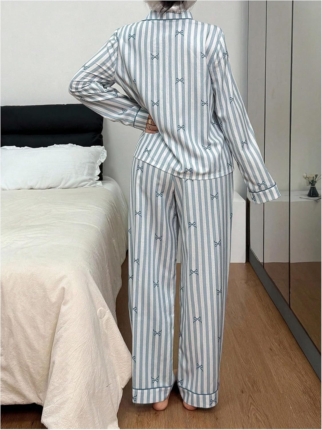 SHENHE Women's Bow Pajamas Set Button Up Long Sleeve Pjs Striped Lounge Pants Sleepwear - Image 2