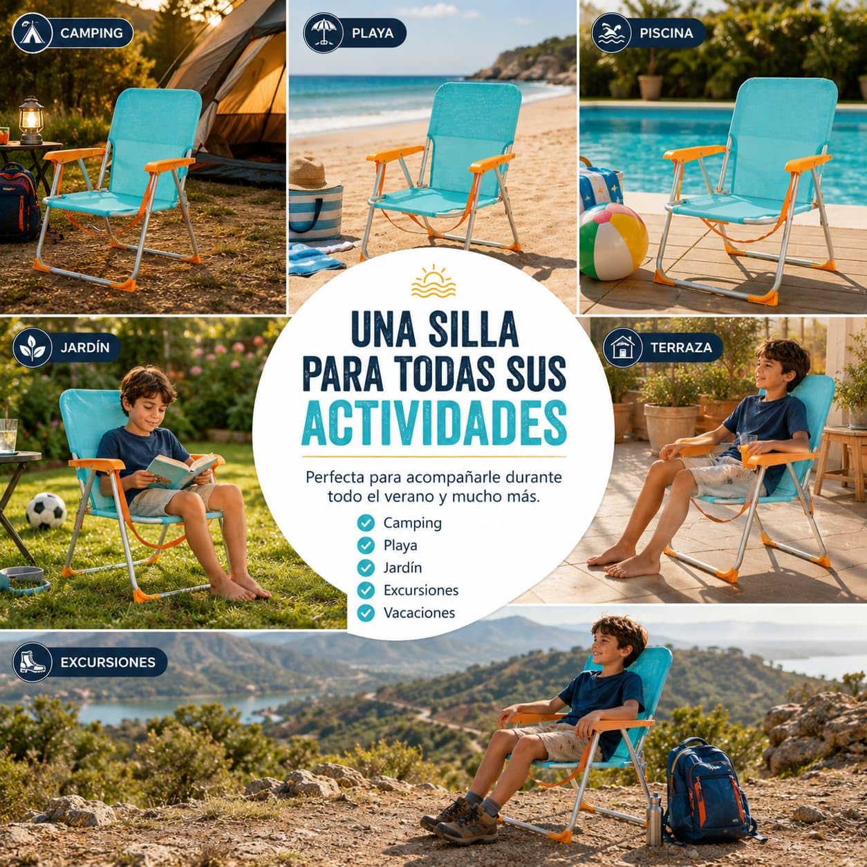Silla de Camping para Niño Plegable - 24cm Altura Asiento - para Playa, Terraza, Jardin - Asa para Fácil Transporte y Reposabrazos - Ligera - Textileno y Aluminio - para Niños de 6 a 14 Años (Azul)