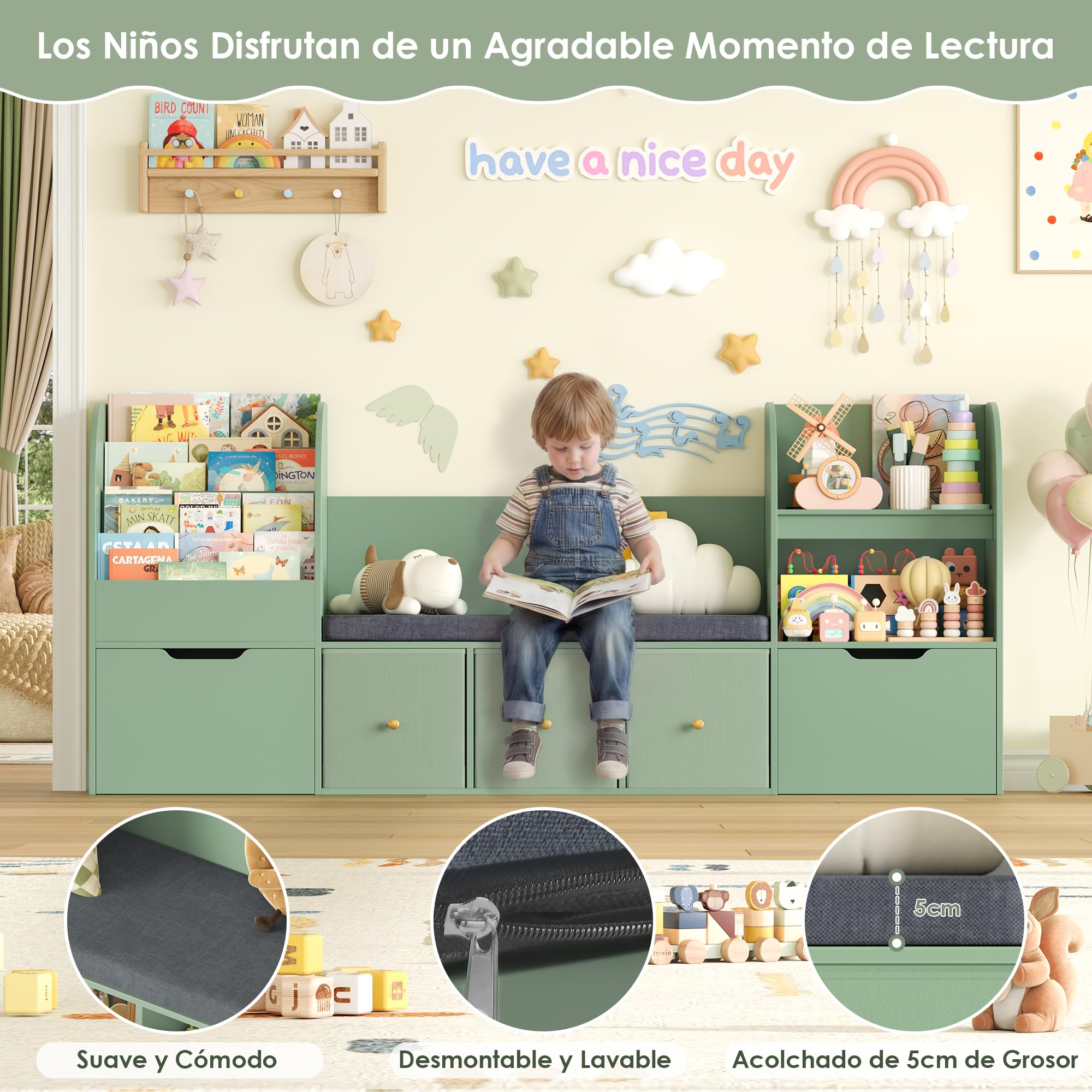 FOREHILL 181cm Organizador de Juguetes con Banco Infantil y Cojín Acolchado | Librería Infantil de 4 Niveles, 5 Cajones, 2 Estantes Abiertos, Mueble de Organización para Habitación Infantil Verde